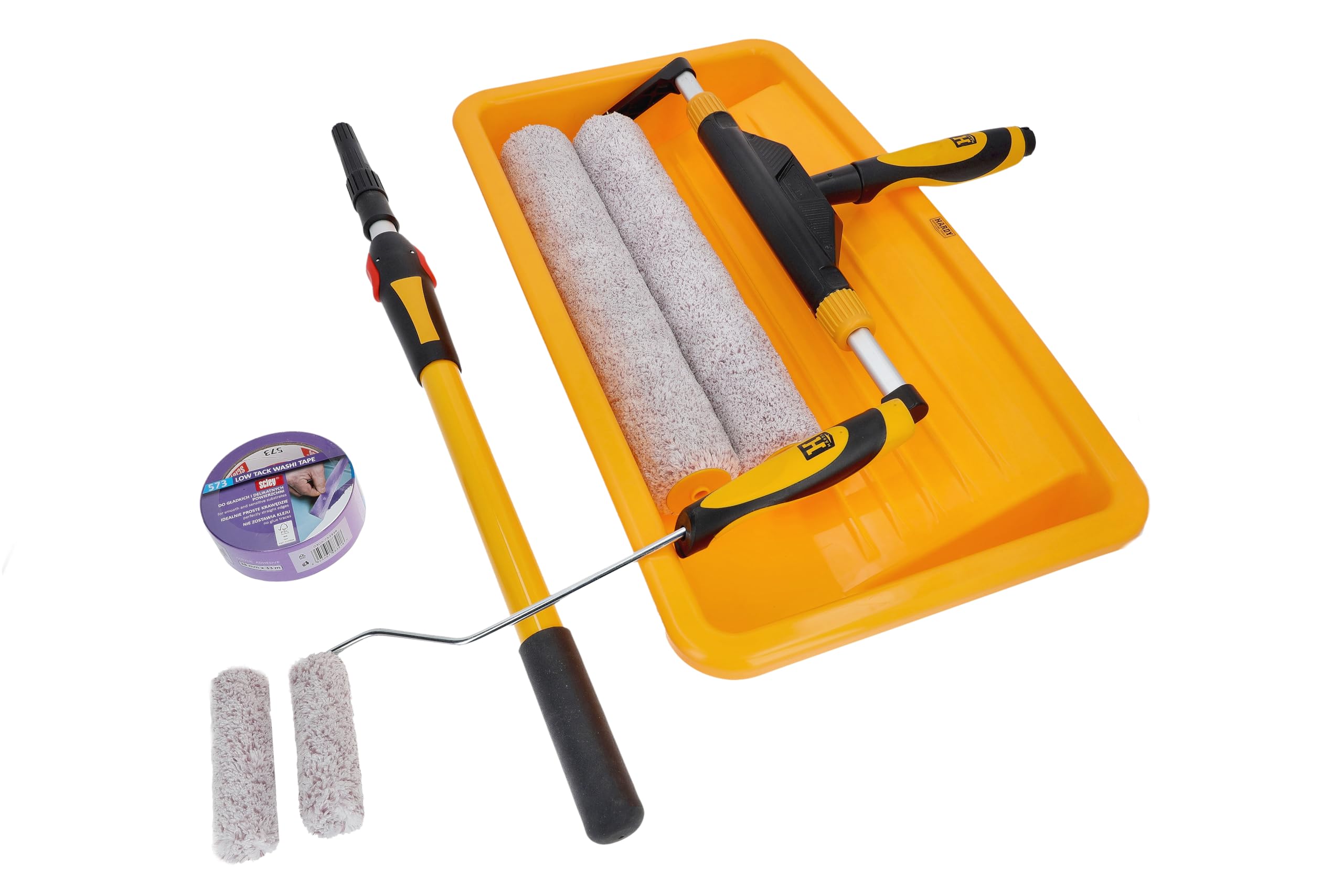 Hardy Working Tools 7 Tlg Malerset Speedy 40, 2x Farbwalze Groß 40 cm, 2x Farbroller Klein 10 cm, 1x Farbwanne 58 cm, 1x Teleskopstange-Maler 60 cm – 94 cm, 1x Malerkrepp 38 mm x 30 m