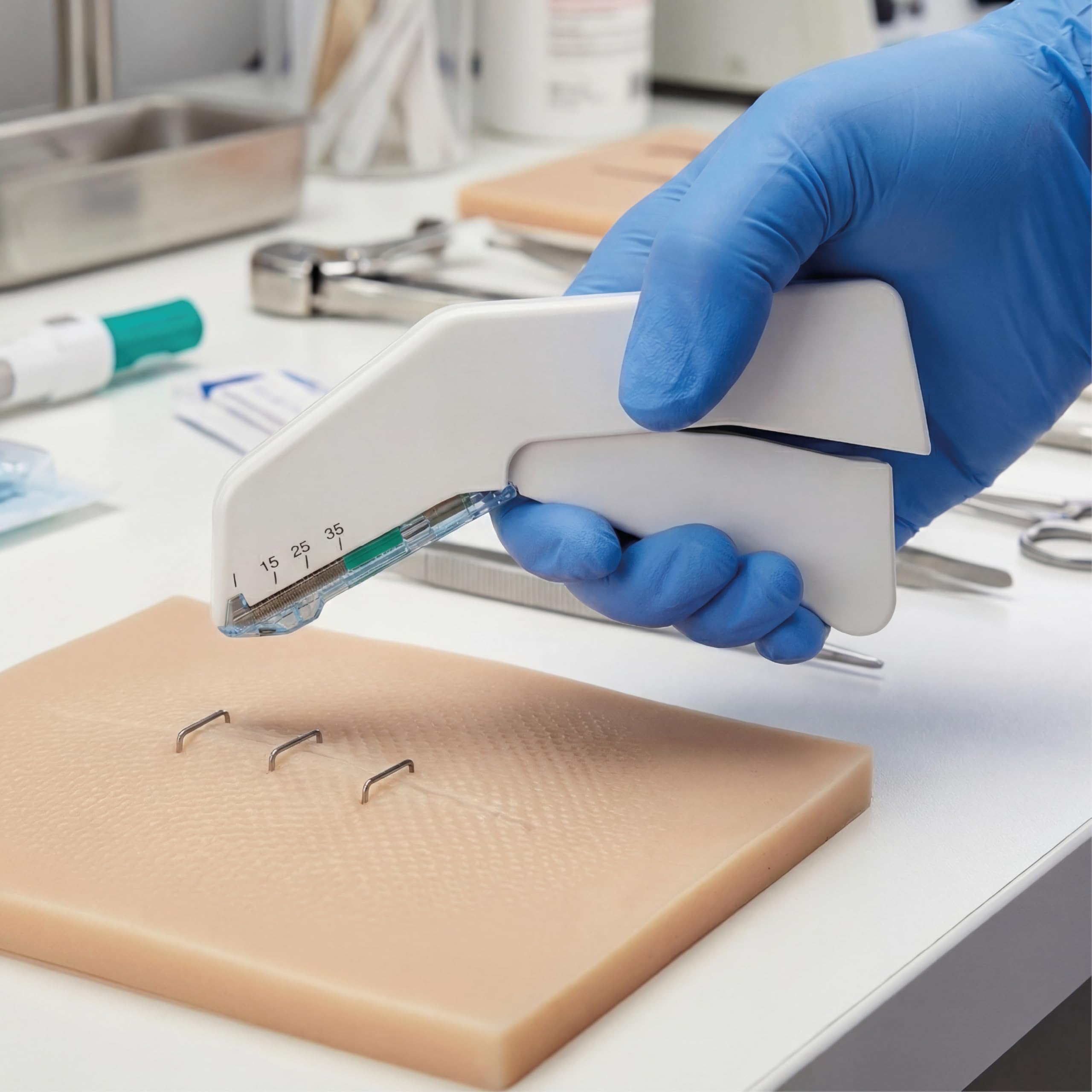 KMINA Grapadora para Sutura Cutánea (5 Unidades), 35 Grapas Estériles, Acero Inoxidable, Diseño Ergonómico, Libre de Látex, Apertura Fácil, Pack con Envases Individuales