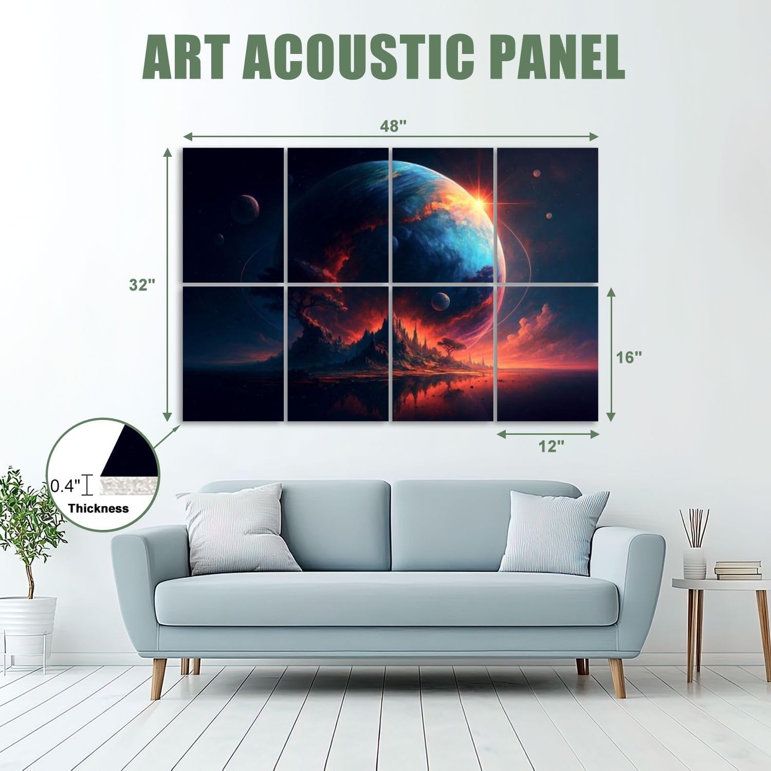 8 Pack Art Acoustic Panels Sound Absorbing Fantasy Cosmic Landscape Giant Planet Glowing Sunset Surreal Mountains Decorative Soundproof Wall Panels Self Adhesive for Recording Studios Office 48"x32"