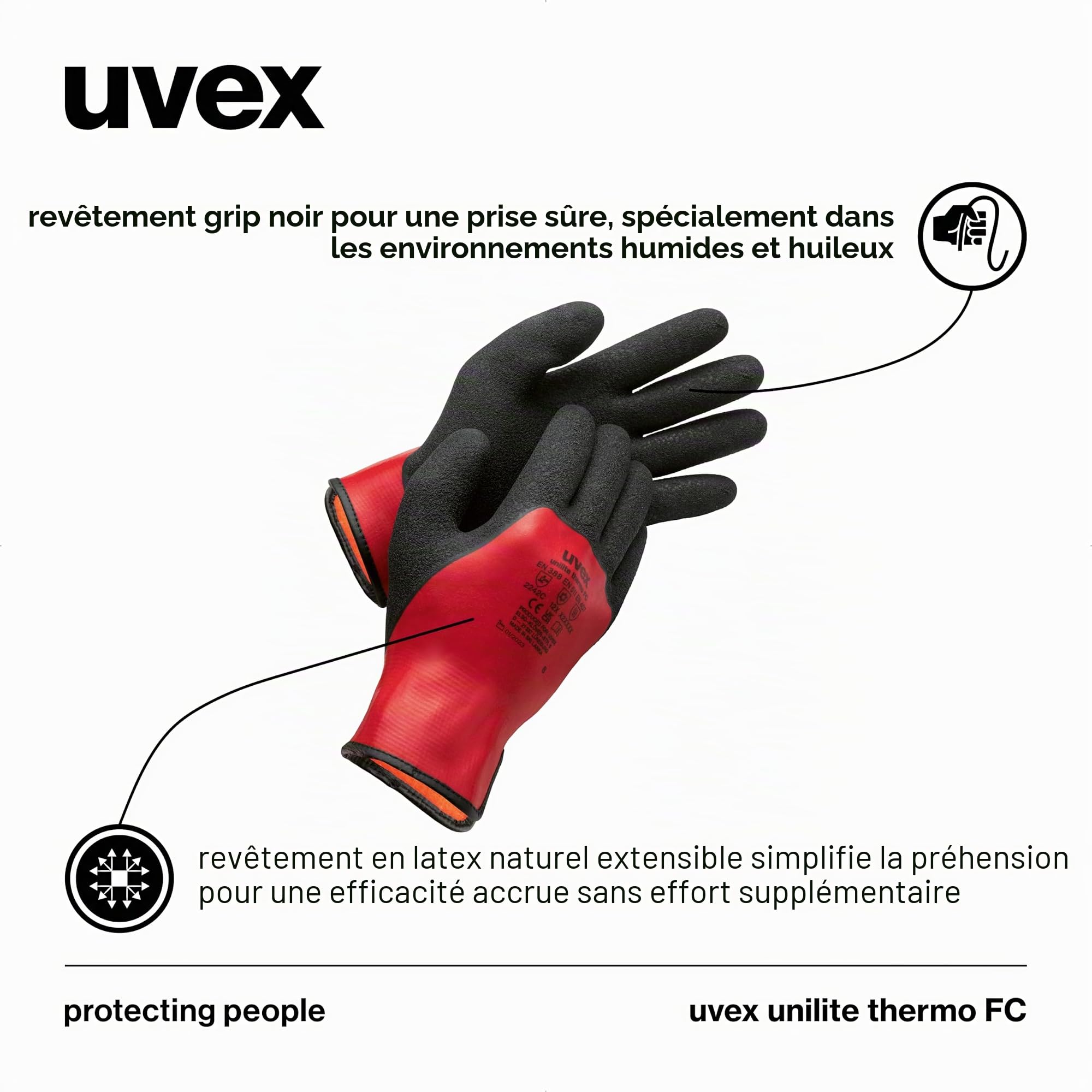Uvex unilite thermo FC Gants de protection contre le froid - Gants d'hiver pour environnement humide/huileux - Chauds et doublés - Rouge/noir - 08/M
