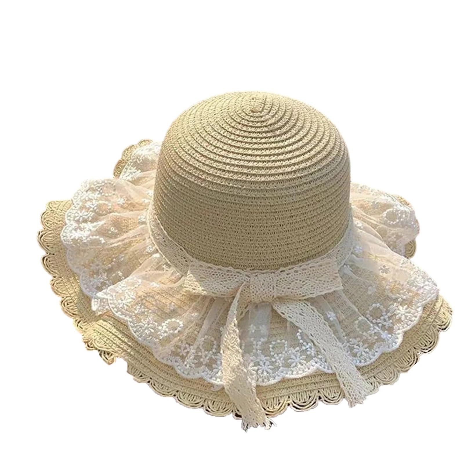 MRKU Chapeau de Soleil d'été pour Femme, idéal pour la Plage. Chapeau bob en Paille avec nœud en Dentelle, Protection UV et Large Bord.