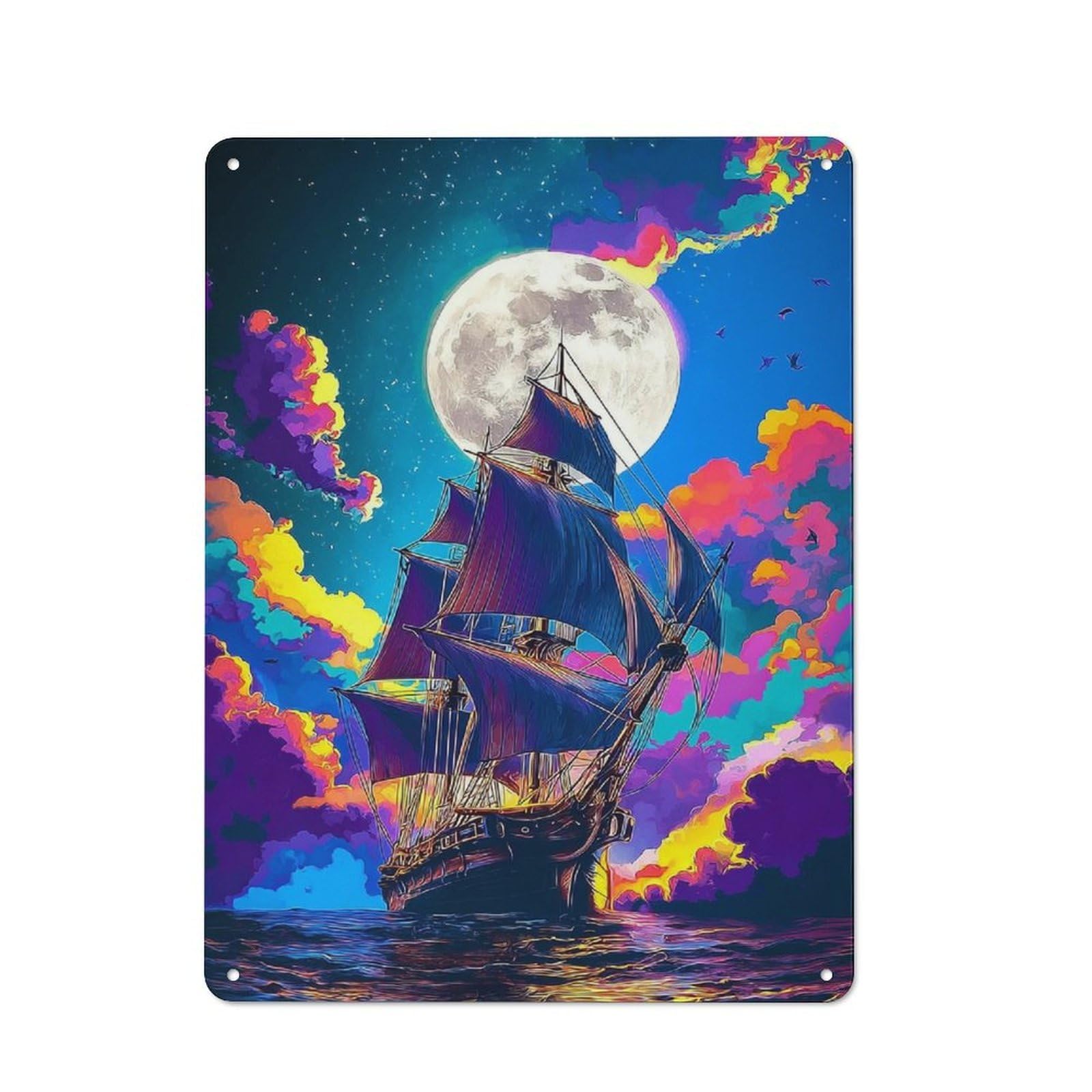 Junmoney Pirate Ship Under Full Moon Old Style Vintage Metal Sign 40X30cm, Bar Wall Plaque For Pub, Home Bar, Shed Or Man Cave