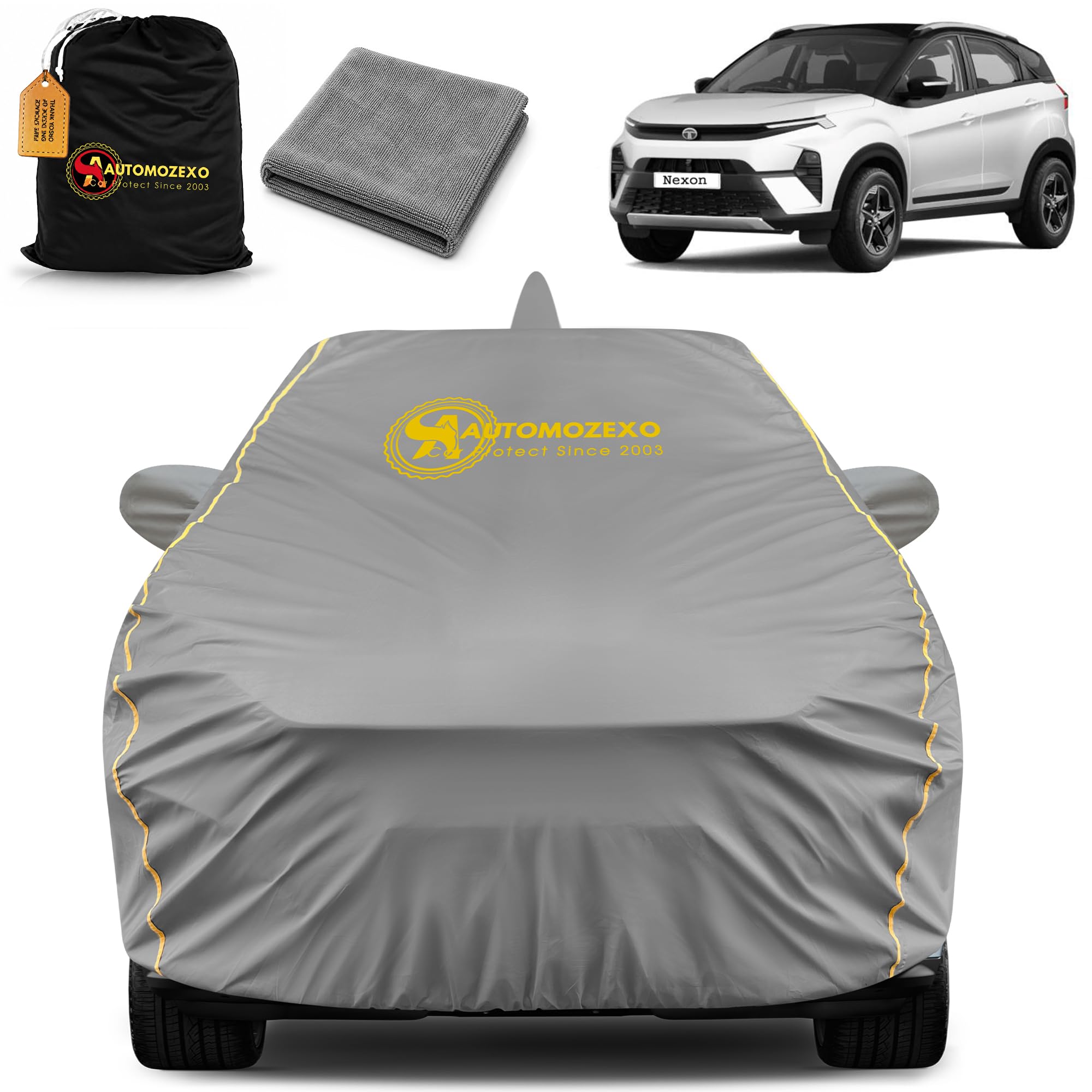 AUTOMOZEXO Tata Nexon Car Cover with Mirror & Antena Pocket Waterproof Inner Cotton Layer Adjustable Belt Bottom Elastic Triple Stitched Cover to Secure fit and Protect from all Indian Climates (Grey)-picture-13