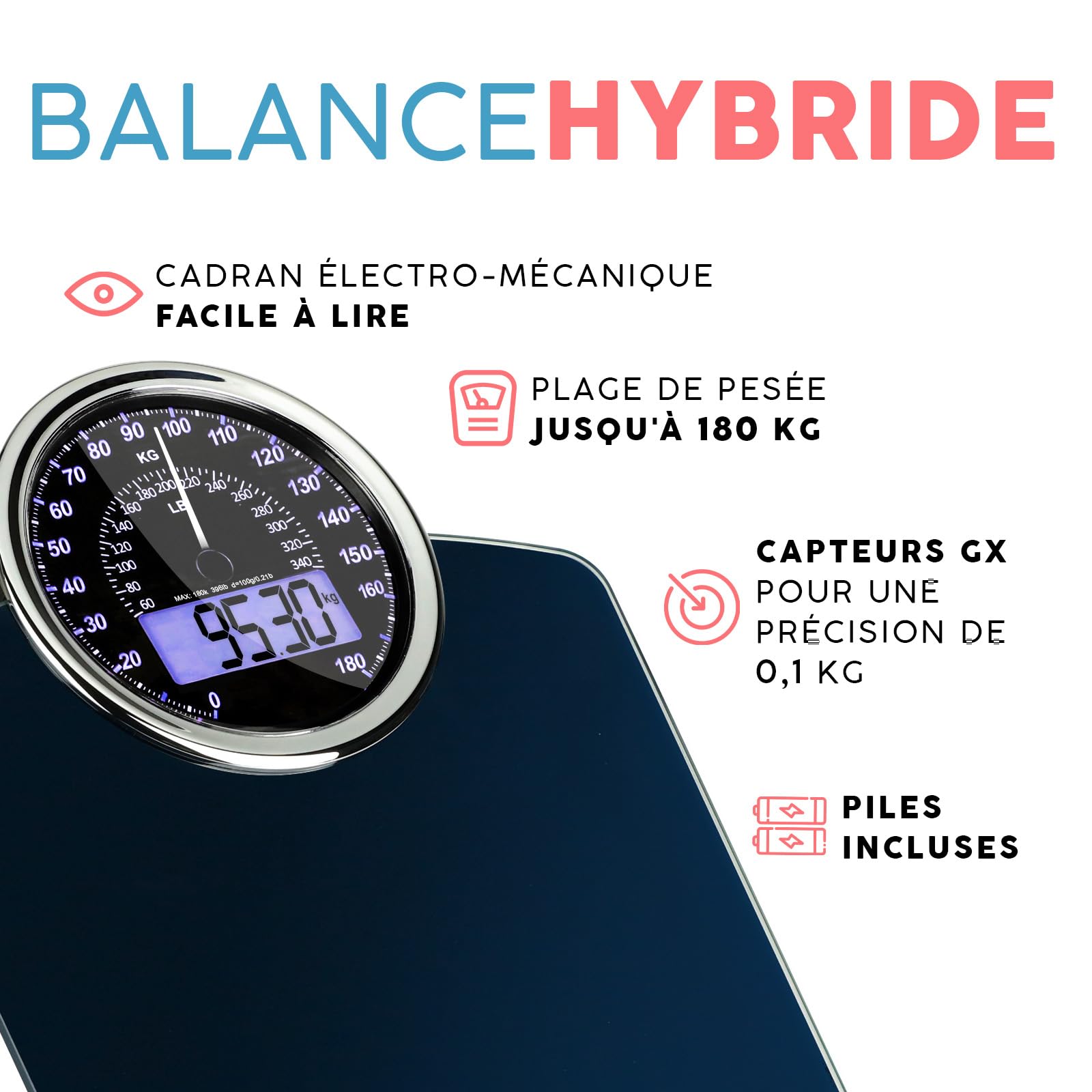 Hybrid Pèse-Personne - Analogique & Digital, Précis jusqu'à 180 kg | Lisez votre poids sur cadran analogique et LCD en même temps. Large plateau, 3 piles AAA incluses, prêt à l'emploi.