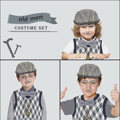 Miniatura 5 de IncreDecor Disfraz de anciano para niños, disfraz de 100 días de escuela para niños, disfraz de abuelo de Halloween, conjunto de accesorios