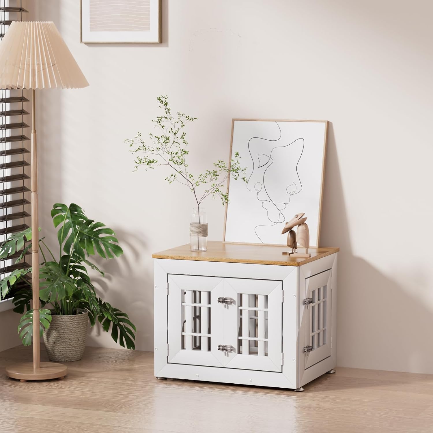 Snuowu 26" Heavy-Duty Dog Crate Furniture for Small/Medium Dogs, Rustic Wooden Dog Cage Kennel Indoor Furniture, Decorative Pet House End Table, White & Wood