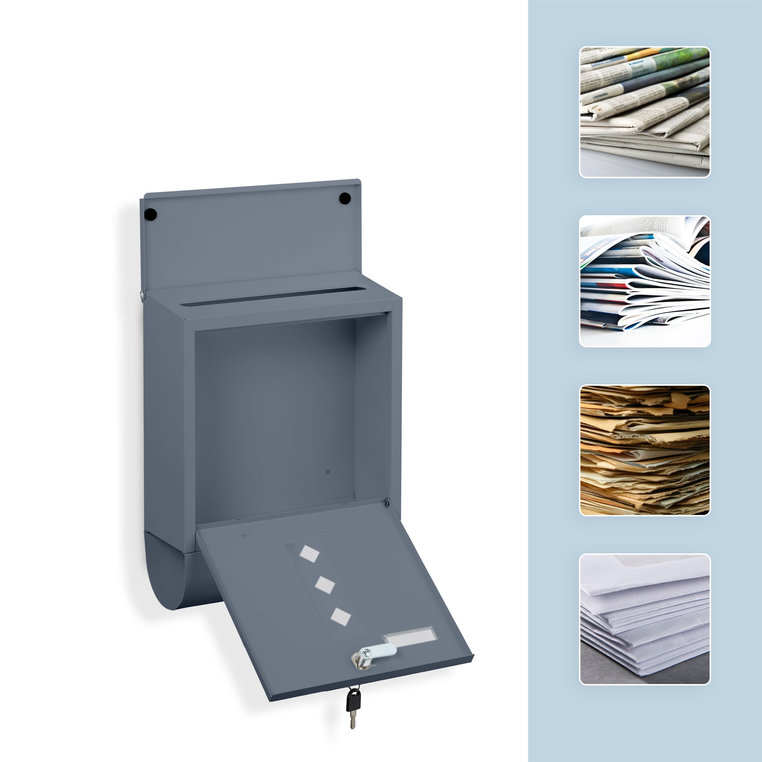 Relaxdays Skrzynka na listy, metal, 4 klucze, uchwyt na gazety, trzeźwy design, wys. x szer. x gł.: 38 x 31 x 14 cm, antracytowy