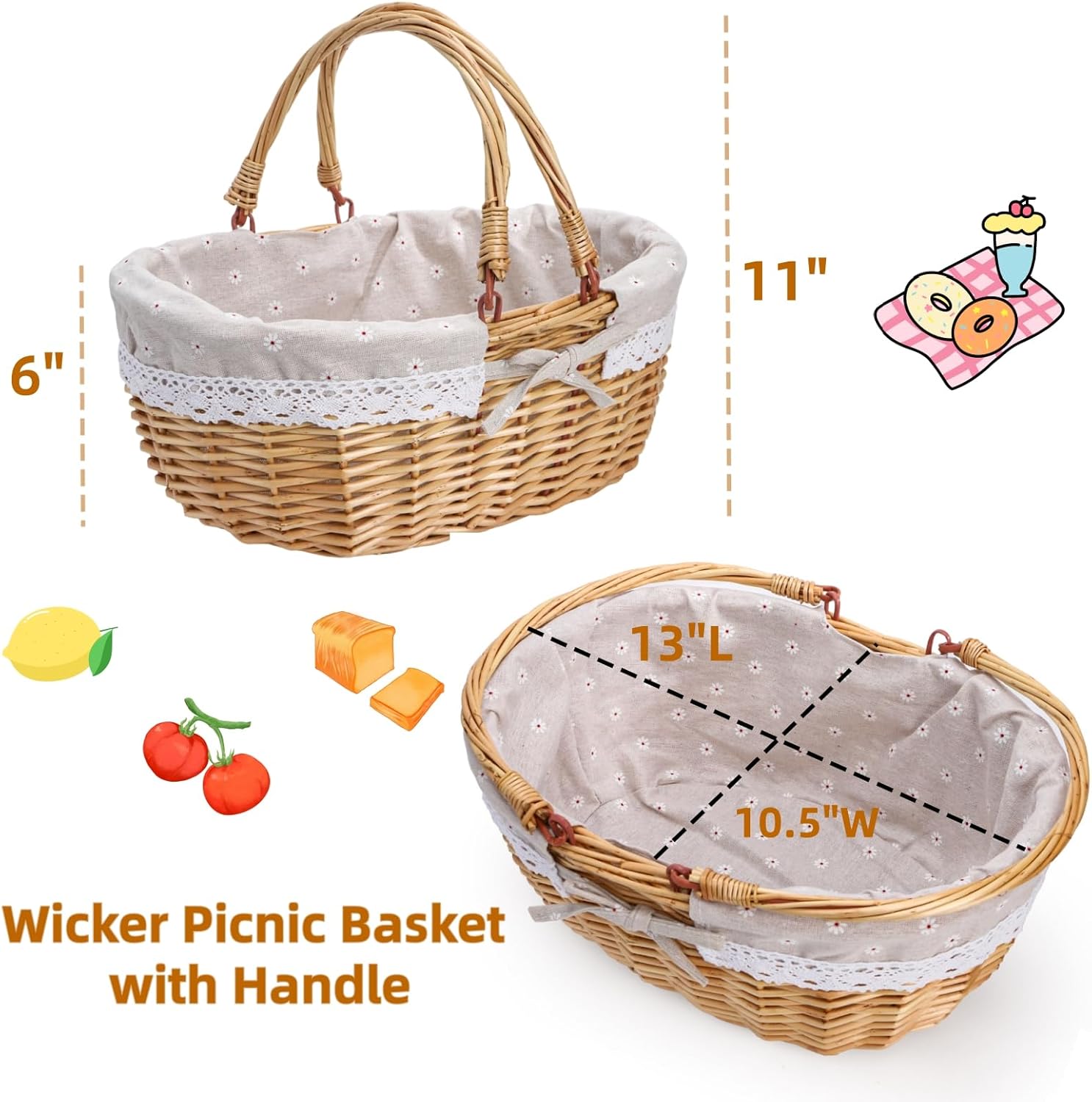 Dicunoy Wicker Picnic Basket with Handle, Large Empty Gift Basket to Fill, Open Top Market Harvest Baskets for Garden, Fruit, Candy, Wine, Easter Egg Gathering, Wedding, Vegetables