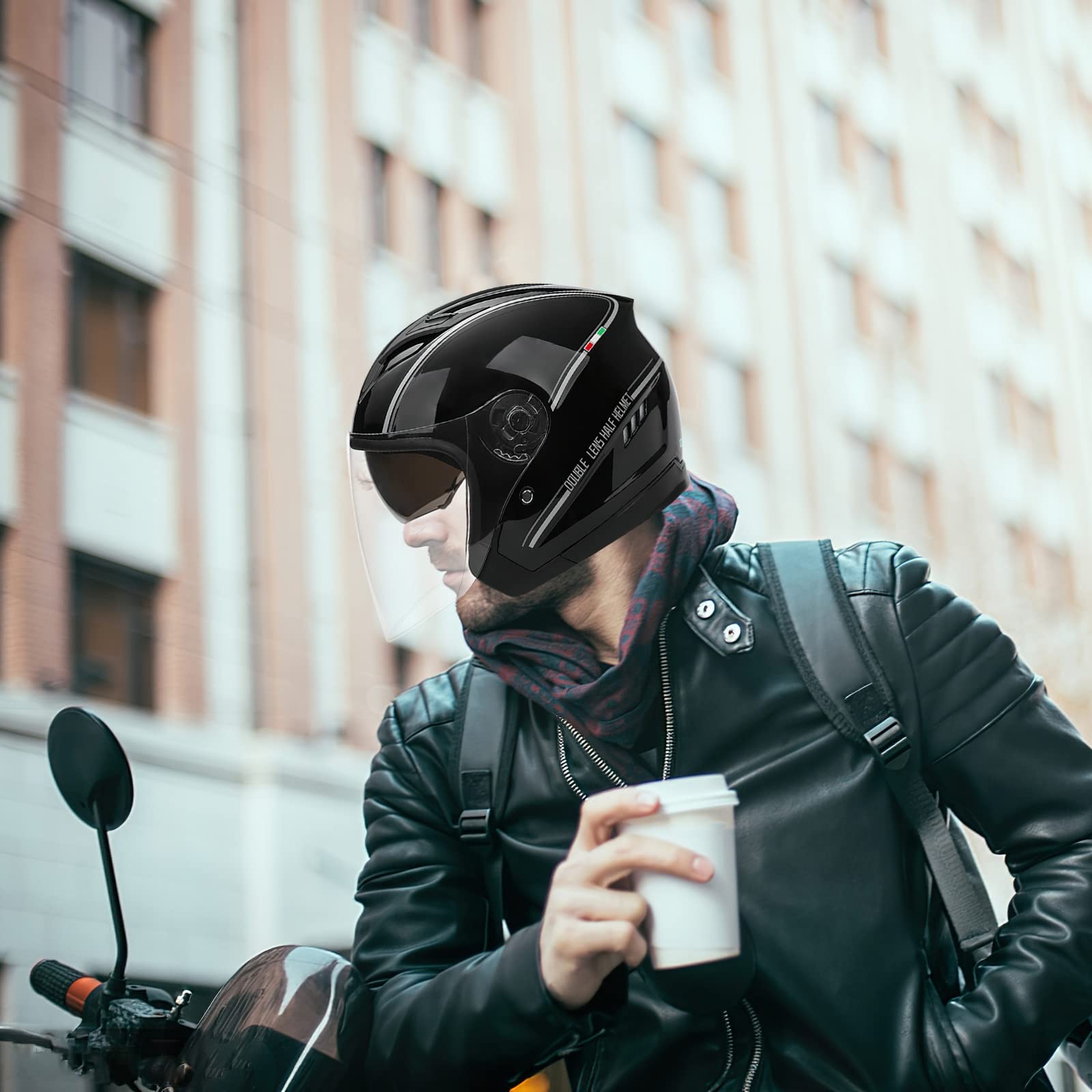 Otwarty kask motocyklowy, kask skuter elektryczny z przyłbicą, kask motocyklowy dla kobiet mężczyzn dorosłych (czarny)