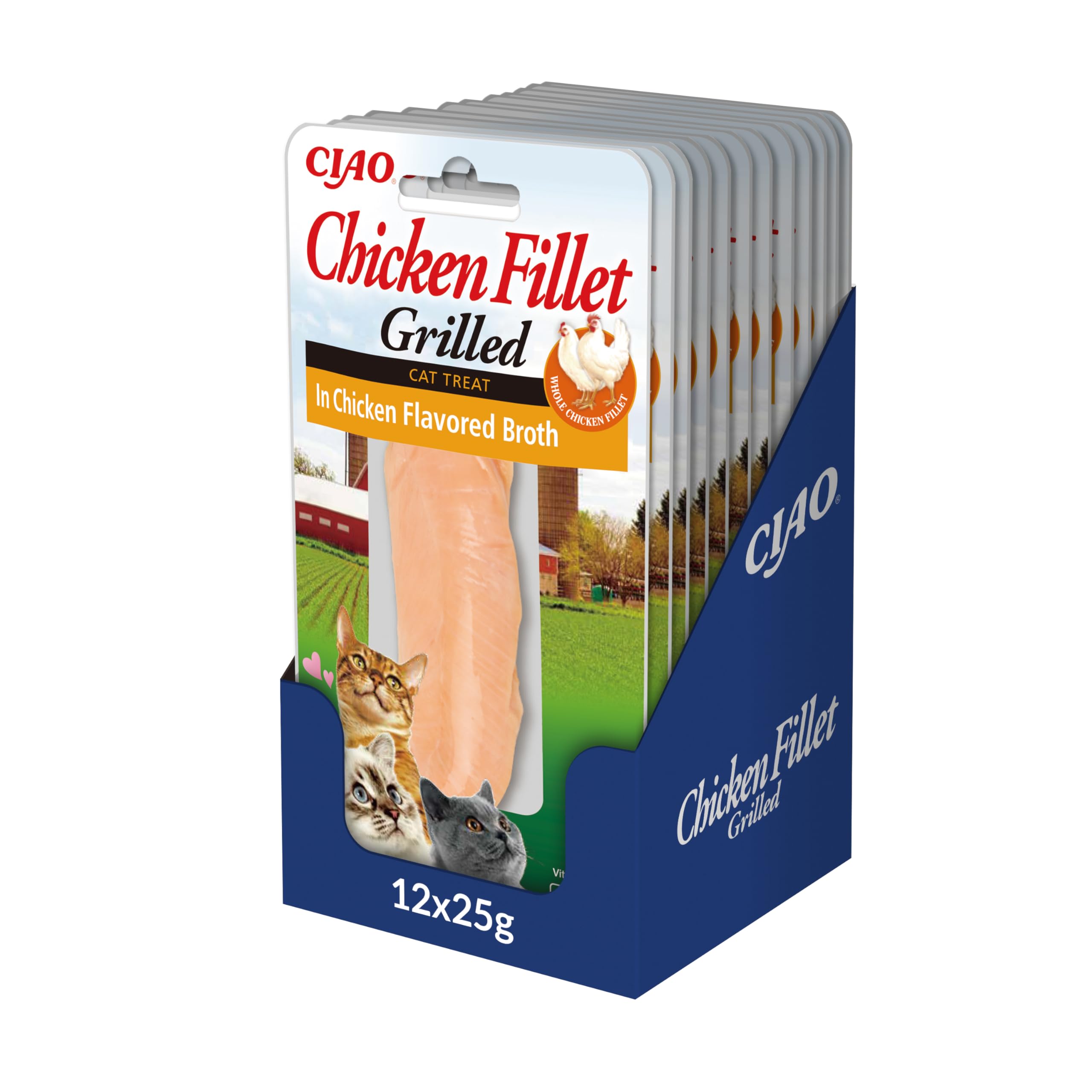 INABA Chicken Fillet Grilled Katzen Leckerlies mit 92% Hühnerfleisch, eine einzige Proteinquelle, Katzenleckerlis ohne Nebenerzeugnisse, ohne Zucker, der Beste Hühnchen-Snack für Katzen 12 x 25g
