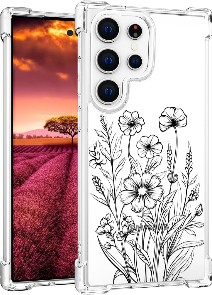 Topgraph Compatible with Samsung Galaxy S25 Ultra Case Cute Clear for Women,Cool Transparent Silicone Phone Cases Cover - Black Flowers Line Art