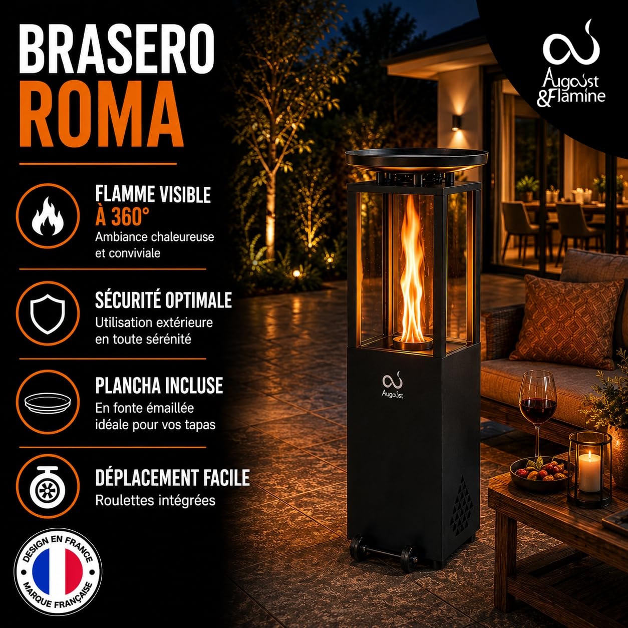 Brasero d'ambiance à Pellets Chauffage Extérieur Faible Fumée Poêle Design Moderne Jardin Balcon Camping Foyer Écologique Montage Rapide Plancha Chauffe terrasse feu Convivial Roma