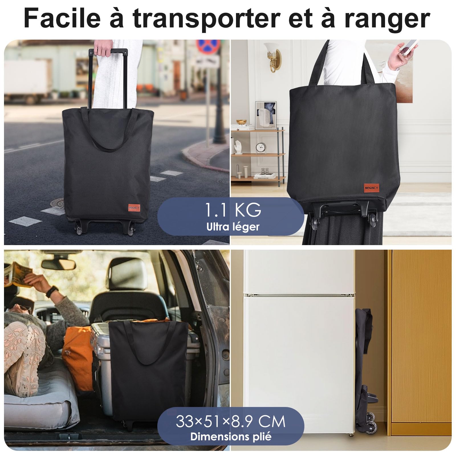 MOONCY Chariot de Courses 2-en-1, Caddie de Courses Pliable 30L, Sac de Courses léger à roulettes pour Le Camping, Les Voyages et la buanderie, Noir