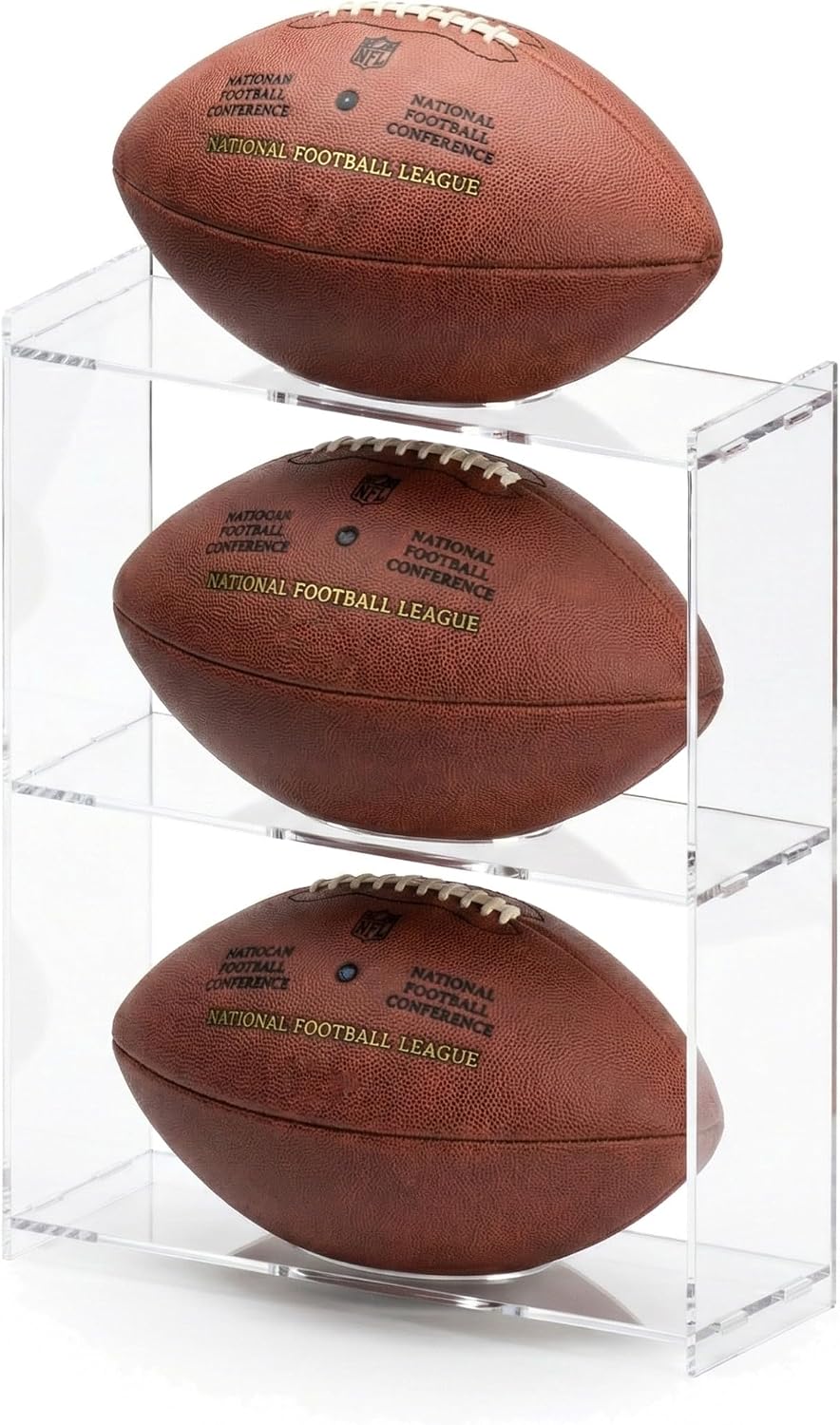Happyseason 3-Tier Football Display Stand, Vertical Acrylic Ball Holder Rack for Full Size, Youth, College Football & Rugby Ball, Clear Storage Organizer for Autographed Sports Memorabilia Décor
