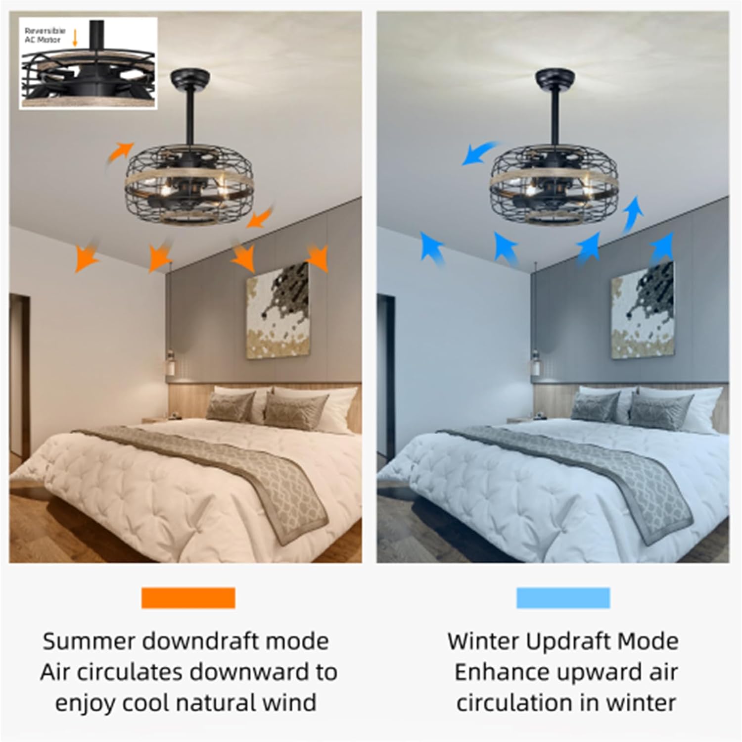 18-inch Farmhouse Ceiling Fan Light, Cage Ceiling Fan with Remote Control (3-Speed ​​Adjustable), Wooden Rustic Enclosed Reversible Ceiling Fan, Lighting and Blowing All-in-One, Bedroom, Living Room