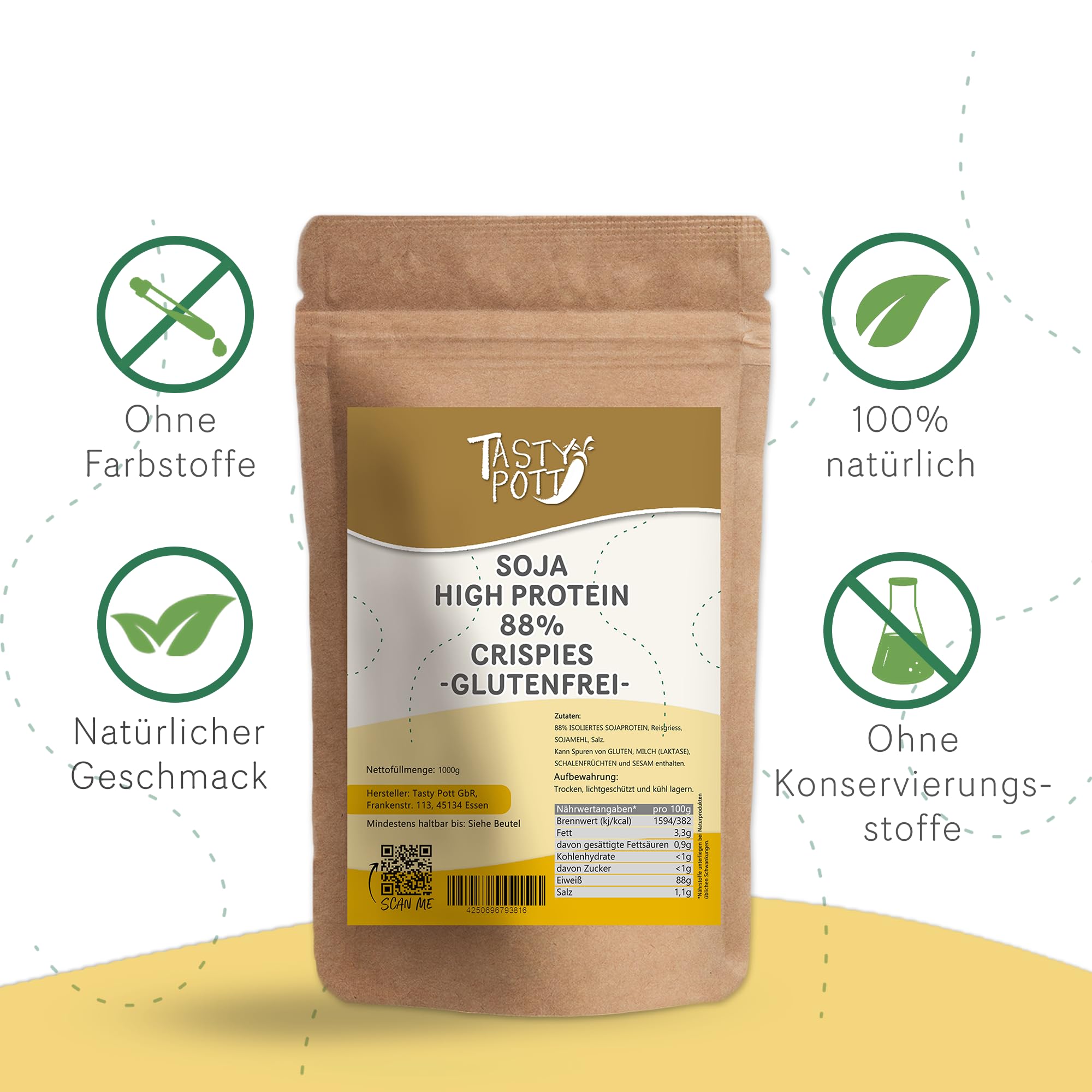 Tasty Pott Soja Protein Crispies 88% 1000g | Kochen & Backen | Frühstück | pflanzliches Protein | vegetarische & vegane Küche | Geschmack | Knusprig (3x1000g)