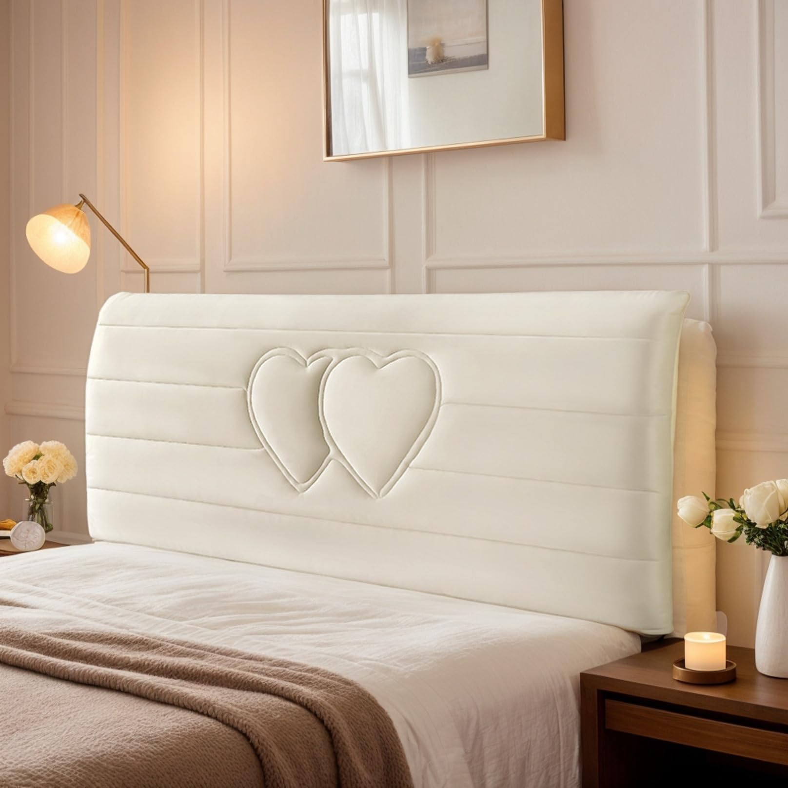DOSYCOVUR Soft Velvet Headboard Cover for Single Double King Size Beds Thickened Washable Cushion Headboard Protector Full Cover Dustproof Modern Bedside Cover,Cream,220cm