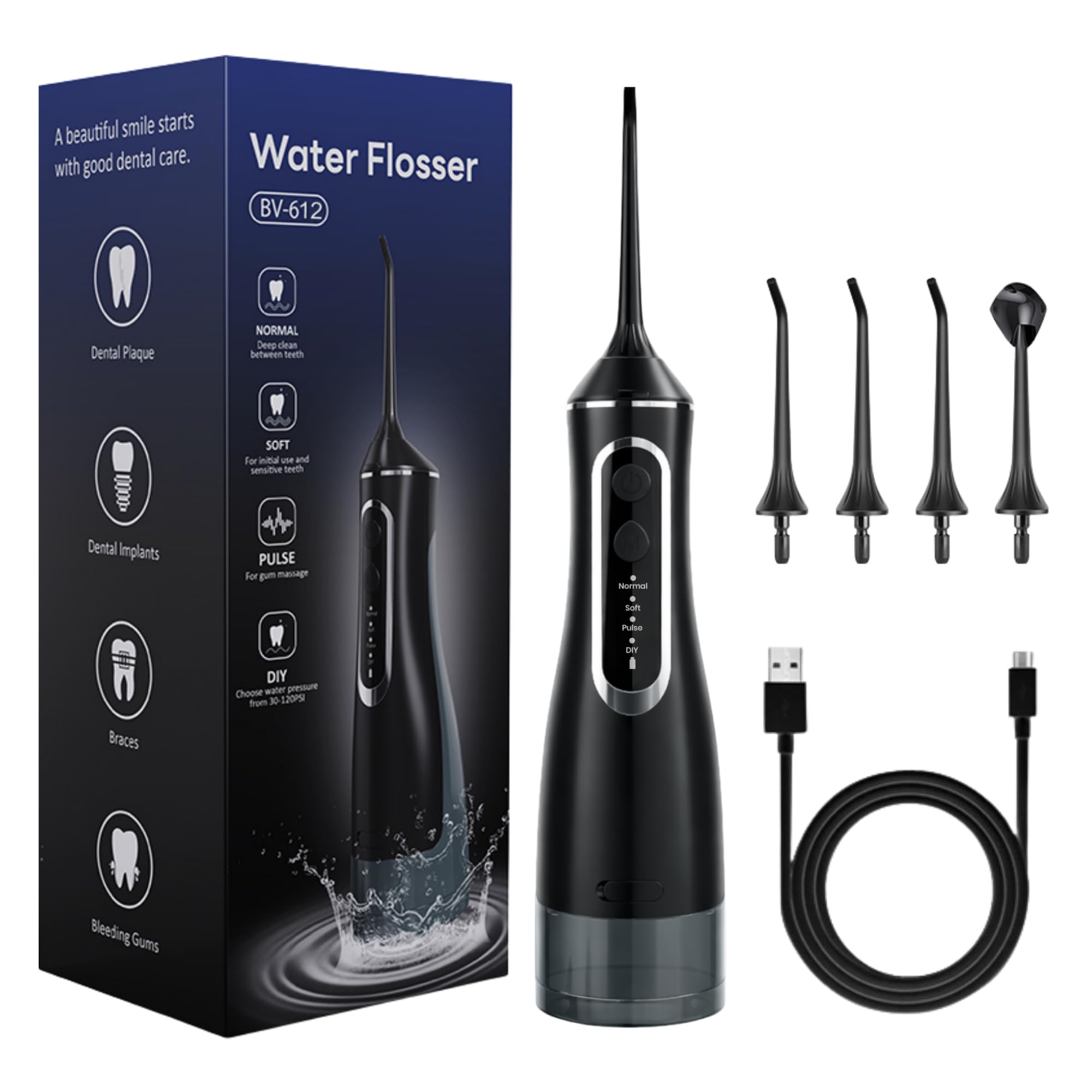 BeFit Water Flosser Portatil 320ml IPX8 4 Modos 120PSI 1400-1800/min Batería Recargable USB 1200 mAh