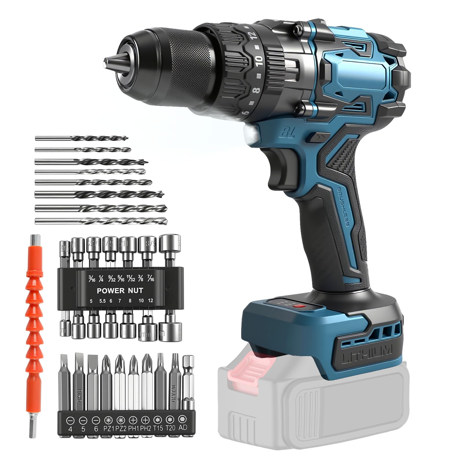 Juego de destornilladores de 140 Nm, compatible con batería Makita de 18 V (sin batería), 2 marchas, tornillo de percusión pesado, sin escobillas, con antitorsión, juego de 44 accesorios, para madera