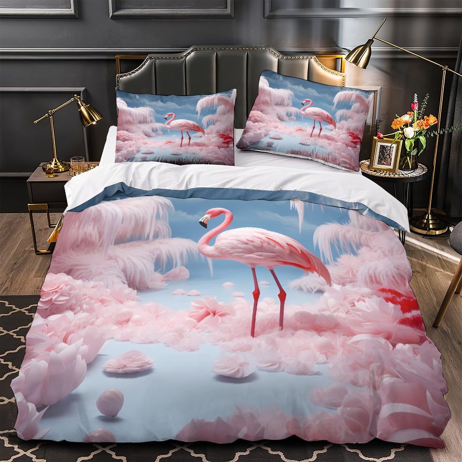 MMDASBVPE Pink Flamingo Quilt Cover 3D Print Ultra Soft 3PCs Bed Linen Hidden Zipper Fantasy Comforter Cover Luxury Durable for Adults Teens Women Kids Girls Boys Youth Super king（260x220cm）