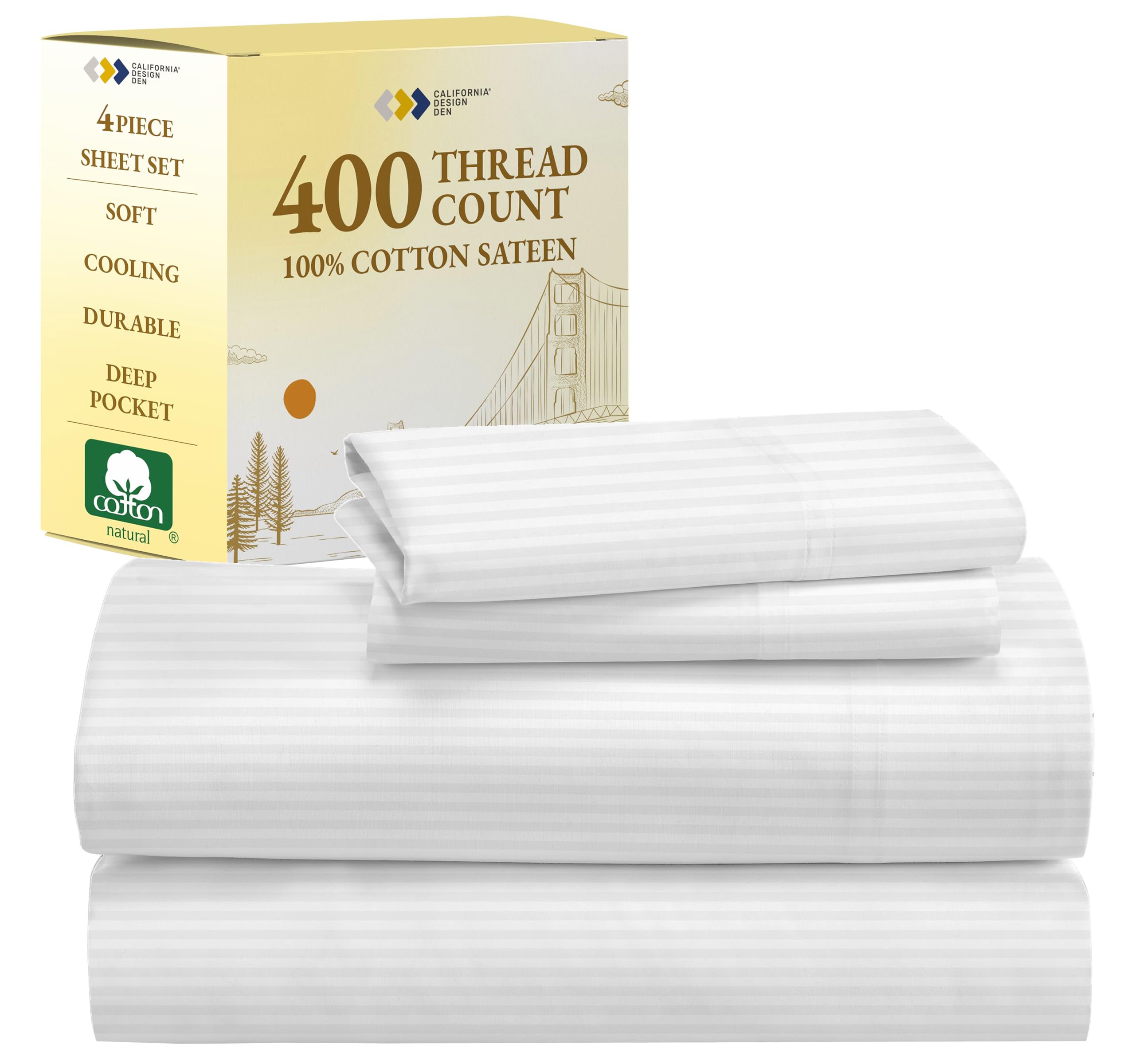 California Design Den Striped Full Size Bed Sheets Set - Soft 400 Thread Count Sateen, Natural 100% Cotton Sheets Set with Deep Pockets, Breathable, Cooling and Durable Bedding - Striped White