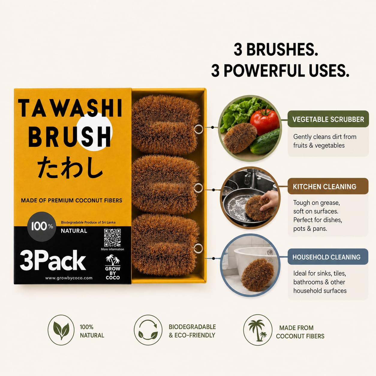 Zestaw 3 pędzli do szorowania warzyw Tawashi, 100% naturalne włókno kokosowe, peeling owocowy, przyjazna dla środowiska alternatywa dla gąbki, japoński design Kamenoko, szorownica do naczyń