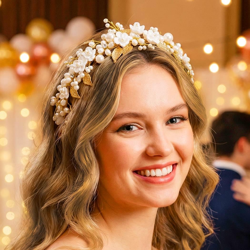 Amazon.com : Brishow Flower Wedding Headband Gold Leaf Hair 
