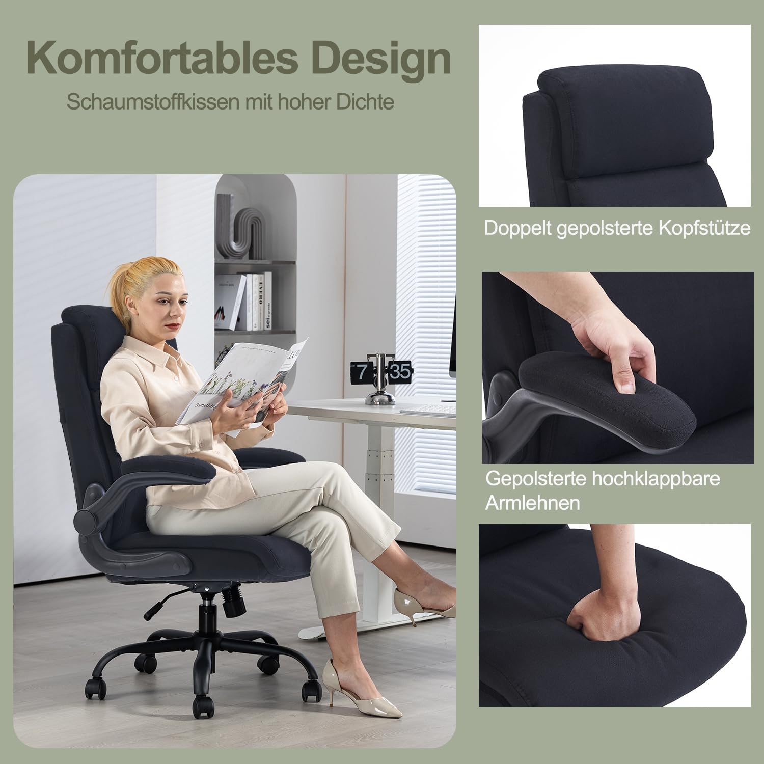 CASTLOVE Ergonomischer Bürostuhl - Schreibtischstuhl mit Rückenlehne - Hochklappbare Armlehne - Hohe Rückenlehne - Höhenverstellbar - Wippfunktion (Bürostuhl Stoff Schwarz Max. 150 kg)