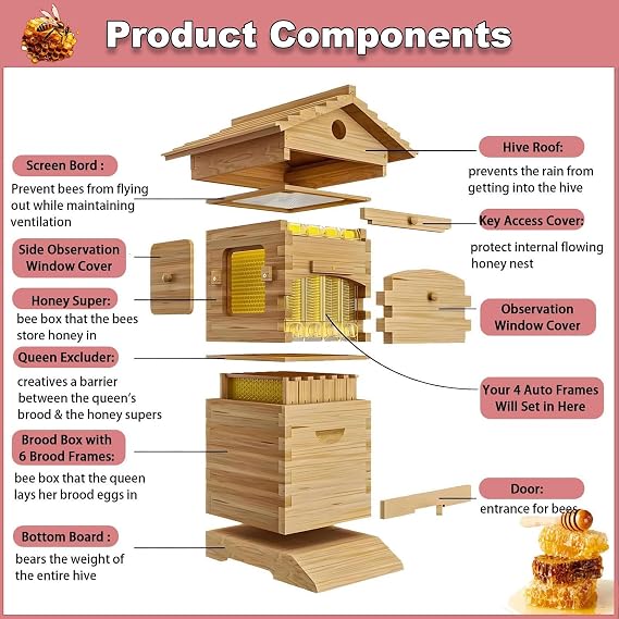 Beehive Beginner Kit, Flow Hive Beehive,Complete Wax-Coated Beehive Set with Honey Extraction Device, No Need to Disturb The Bees, Suitable for Beginners