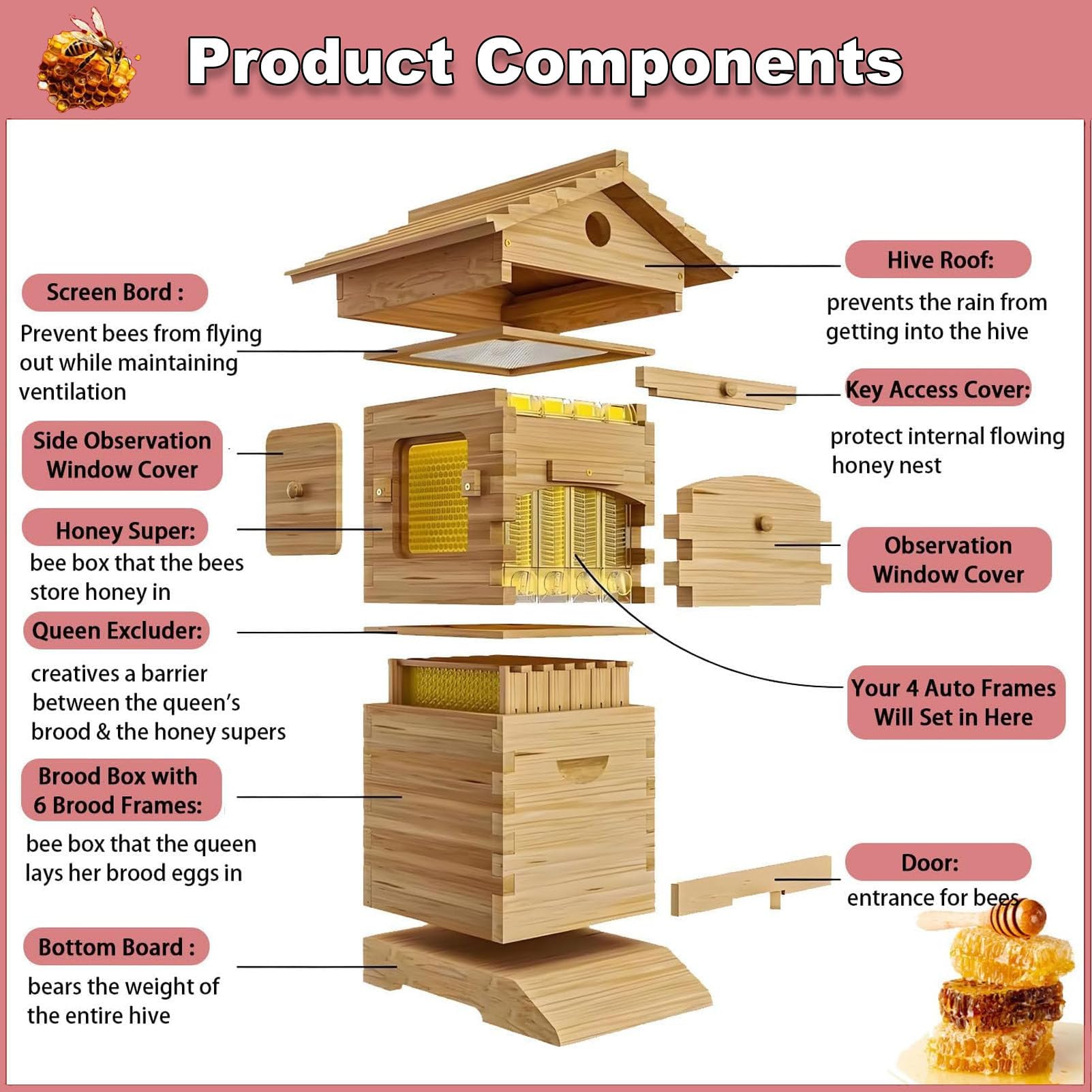Imker-Starterset, Flow Hive Bienenstock, komplettes, wachsüberzogenes Bienenstock-Set mit Honigschleuder, Keine Störung der Bienen nötig, geeignet für Anfänger