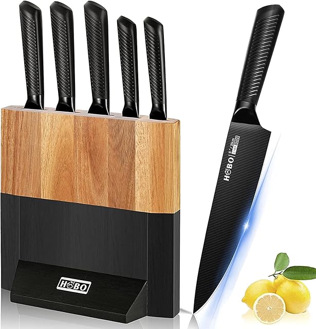 CFORM Kitchen Knife Set with Block, 6 PCS High Carbon Professional Stainless Steel Knife Sets with Chef, Bread, Slicer, Utility, Paring Knife with Non-Slip Frosted Handle, Knife Block Set with Knives