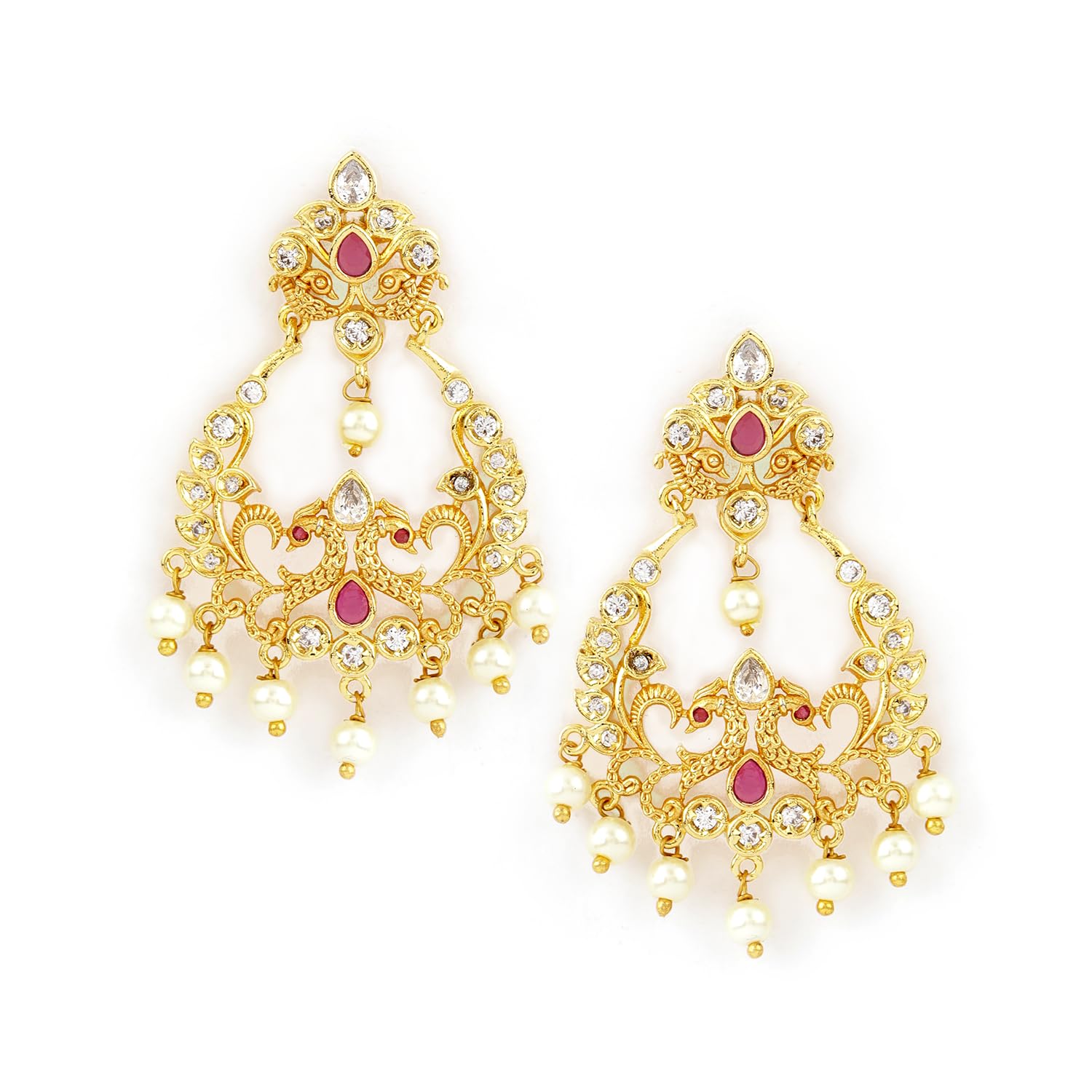 rubans 22K Gold-Plated Ruby Pink & White Cubic Zirconia Studded Pearl Beaded Chandbali Earrings for Women & Girls | Traditional Festive & Wedding Jewelry-picture-10