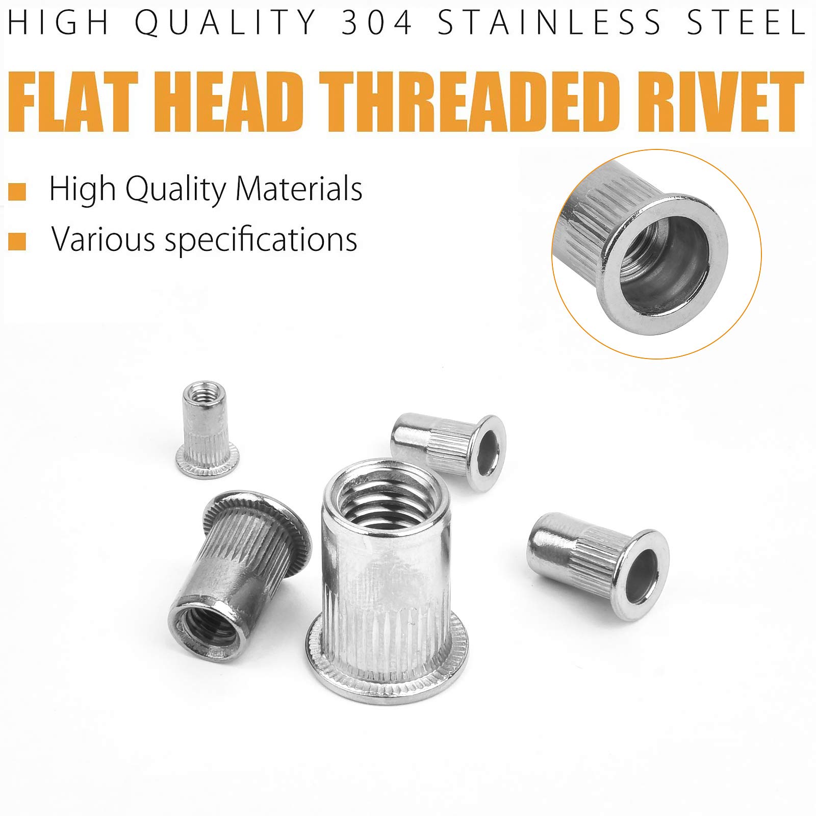 VIGRUE 250 dadi rivetti assortiti, M3, M4, M5, M6, M8, M10, dadi filettati A2-70, in acciaio inox, testa piatta, filettatura Rivet Nutsert Cap, dadi per pinze rivetti