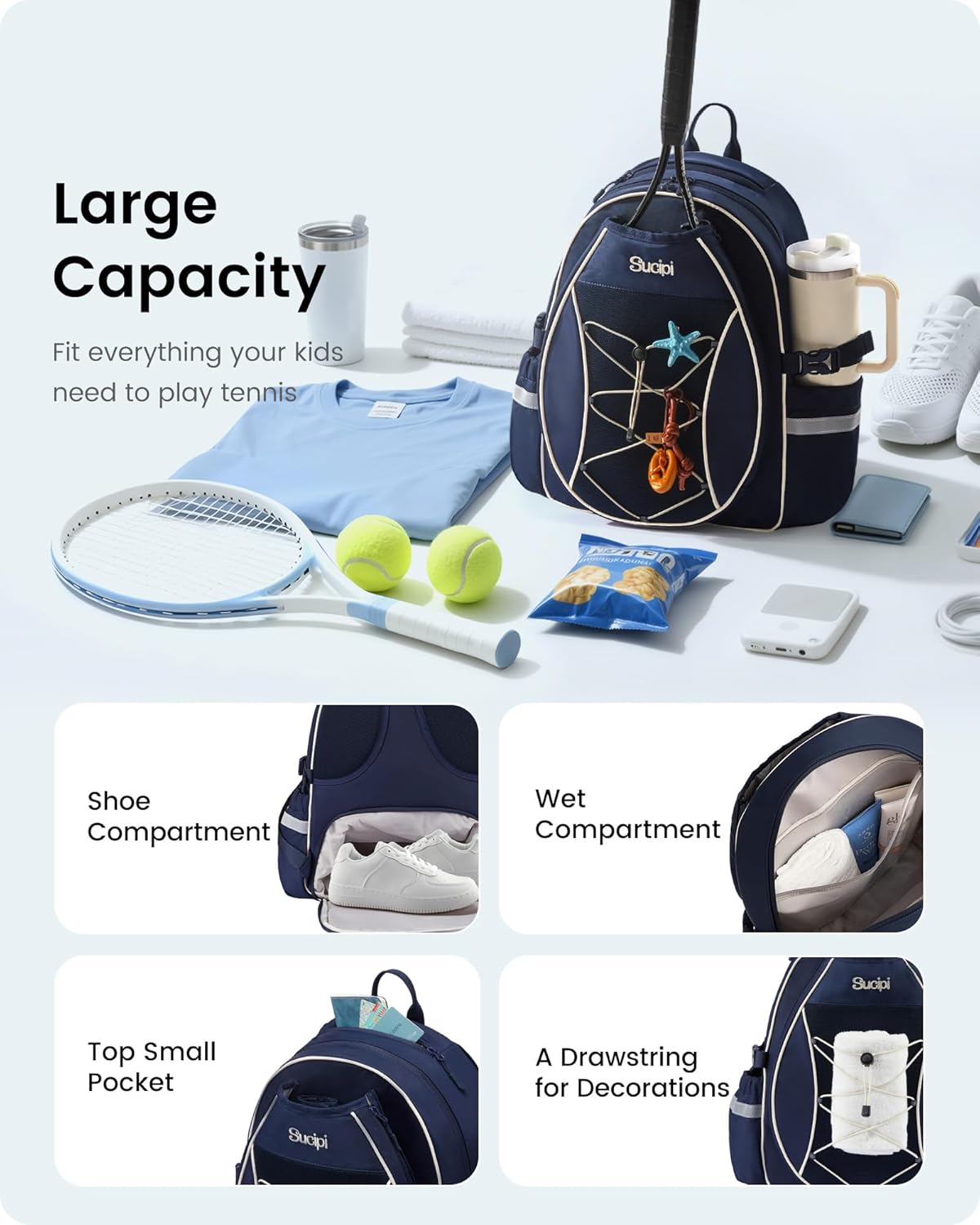 Sucipi Tennis Bag, Quilted Tennis Sling Crossbody Backpack, Water Resistant Tennis Racket Bags for Women Men, Suitable for Pickleball Tennis Badminton - Image 3