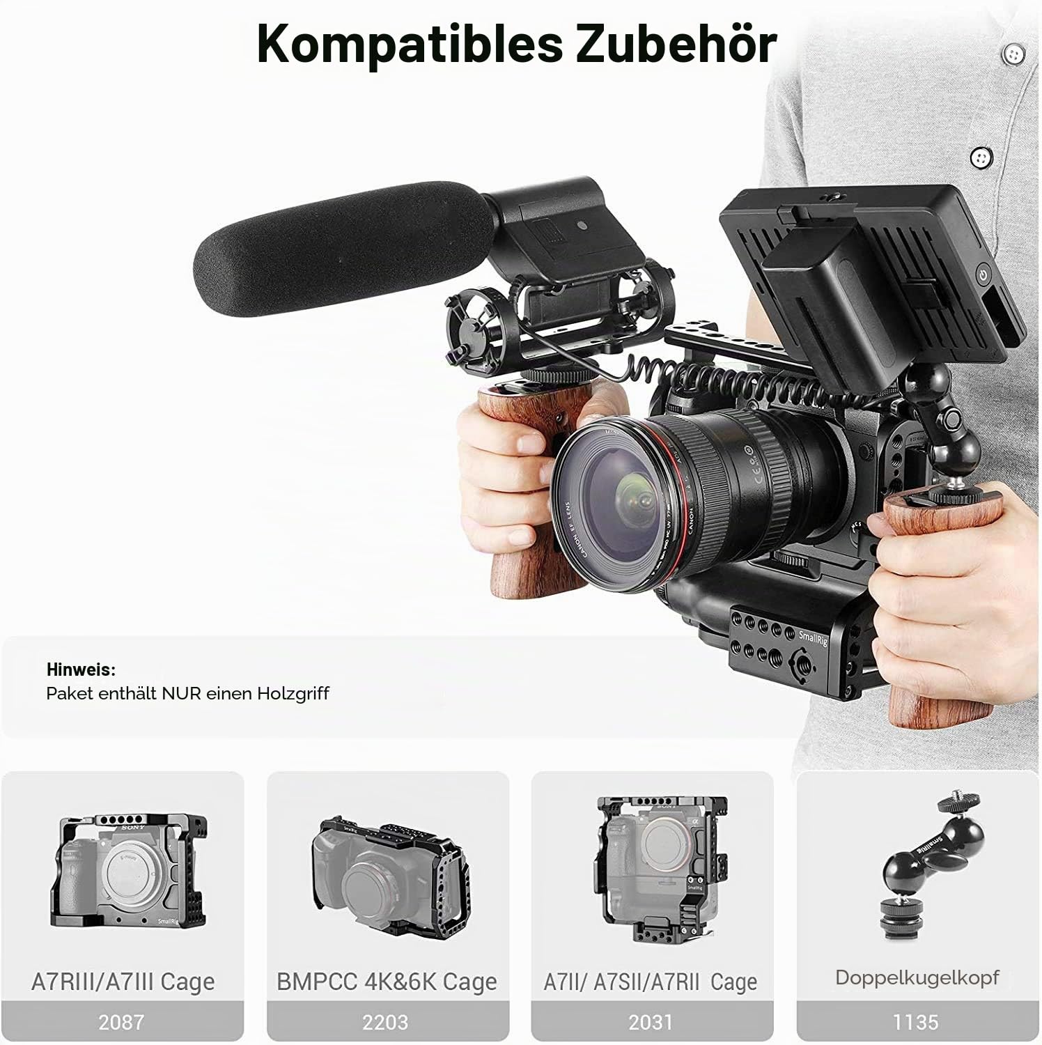 SMALLRIG Universal Wooden Handle mit Threaded Holes und Cold Shoe Holder Verstellbarer Griff für Kamera Cage - 2093C