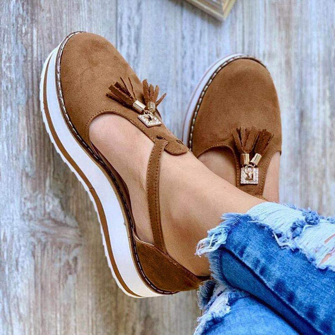 RXZCHH Sandalias de Verano para Mujer, Sandalias de Cuero con borlas, Zapatos con Hebilla y Puntera Cerrada, Alpargatas de Playa Vintage, Sandalias con Plataforma, Puntera Grande, Sandalias de