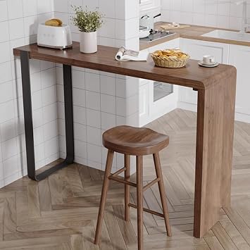 Solid Wood Rectangle Bar Height Table,Industrial Long Bar Table with Metal Base and solid wood bracket,Coffee Table Balcony Railing Table,Counter Height Table for Coffee Shop Small Space,No Stool140*