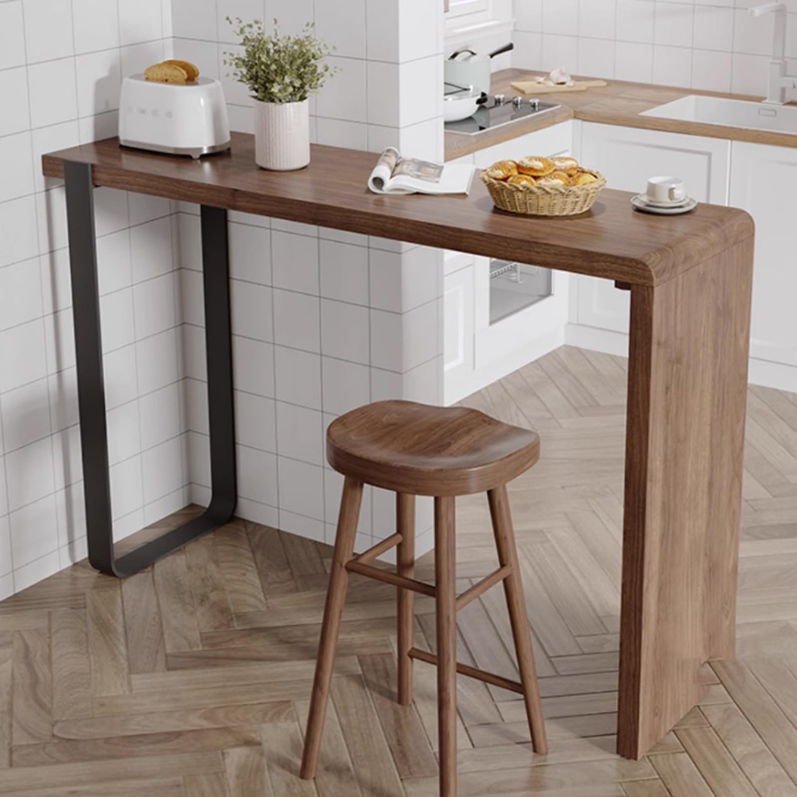 Langer Frühstücksbartisch für die Küche Hoch und schmal,Industrieller Bartisch für Esszimmer Mit Massivholzsockel und Metallständer,Kreativer Esstisch mit natürlicher Kante,Couchtisch,nur Tisch (160*45