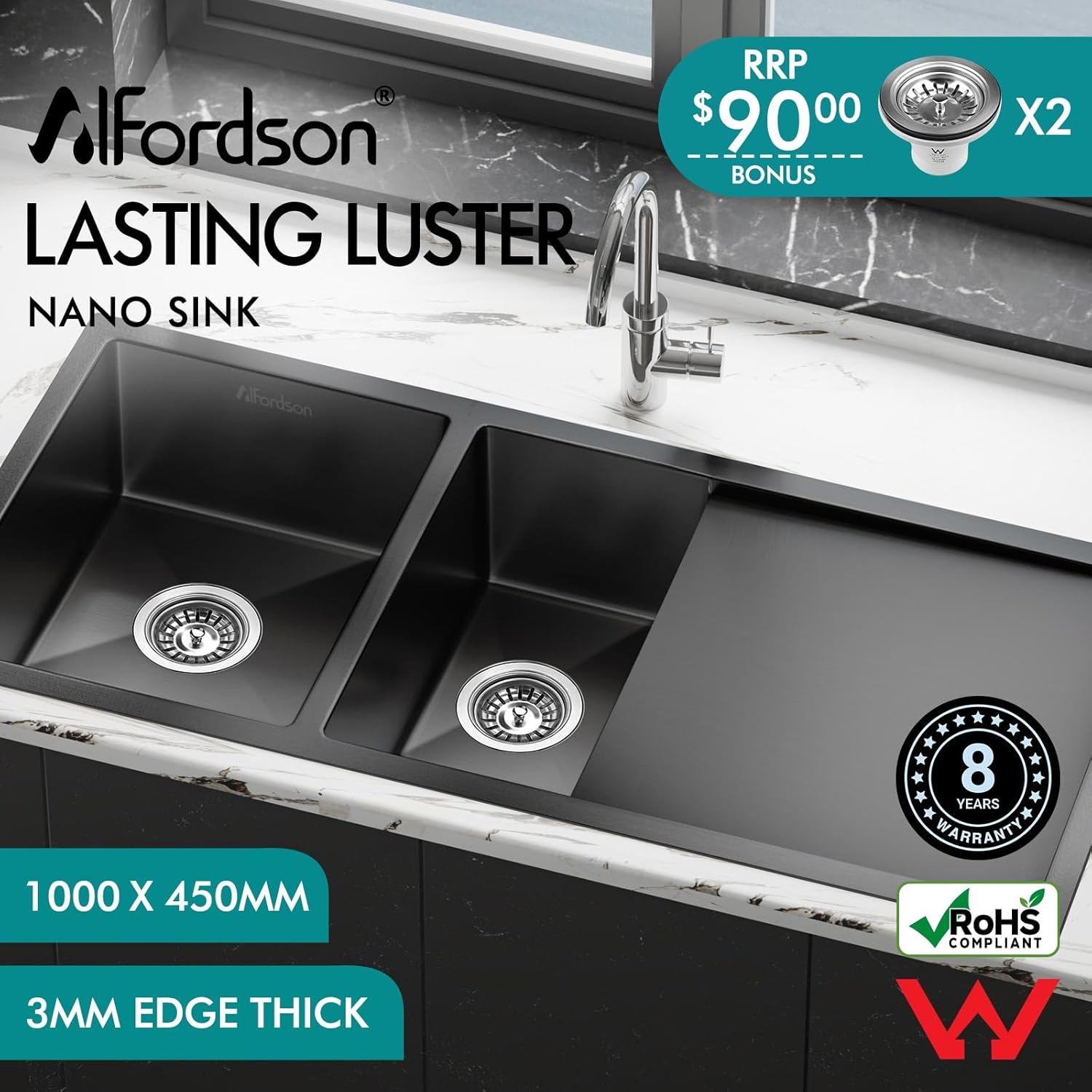 Kitchen Sink Double Bowls with Waste Strainers & Drainboard, 1000 x 450 x 205mm, 304 Stainless Steel Water Basin Sinks with 3mm Thick Edge & Nano Coating in Black