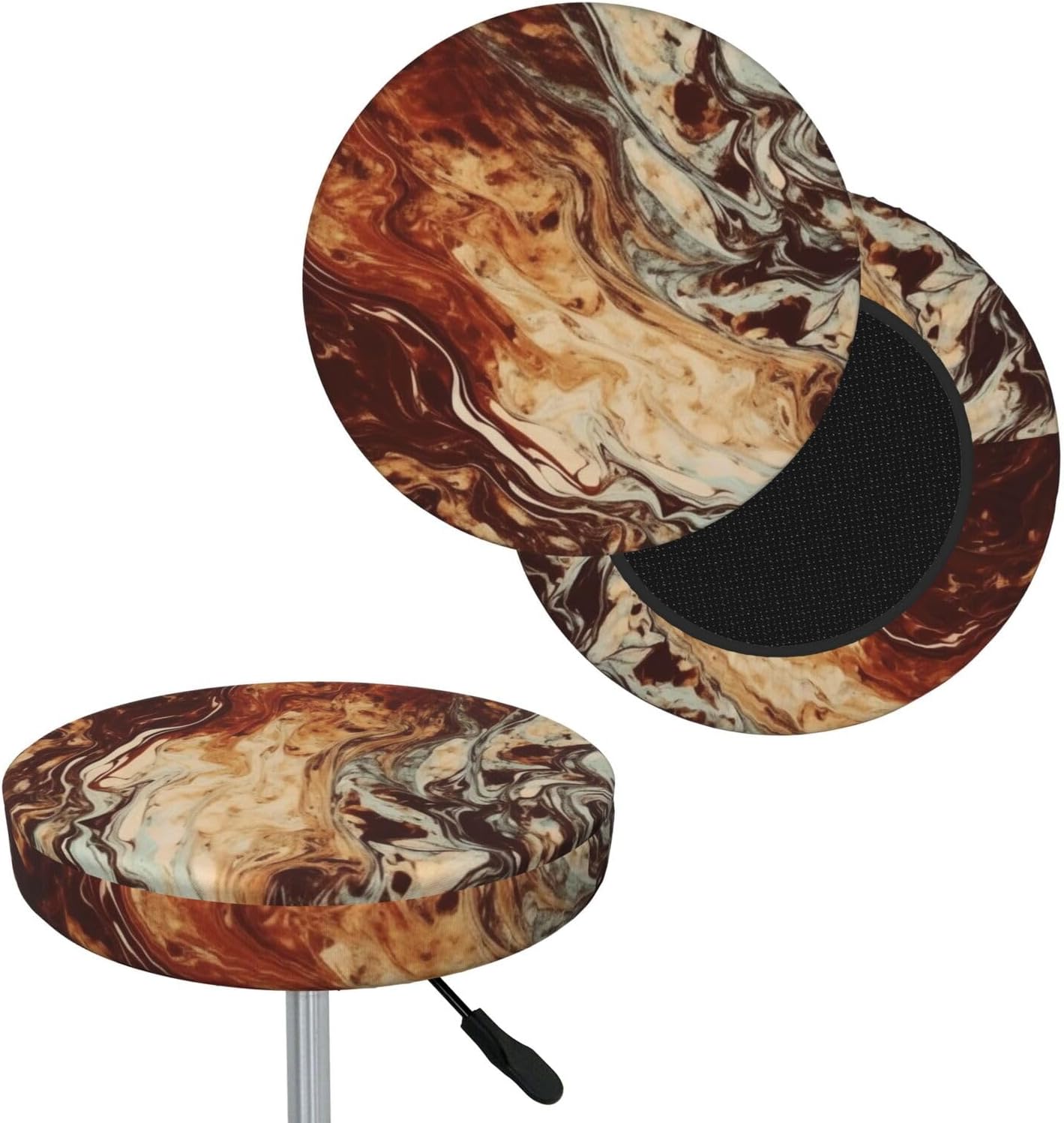 Bar Stool Cover Round Elastic Stool Cushion Covers Marble Mixed Brown Bar Chair Cover Washable Stool Cushion Slipcover Stretch Stool Seat Covers for 12-14 Inch Chair