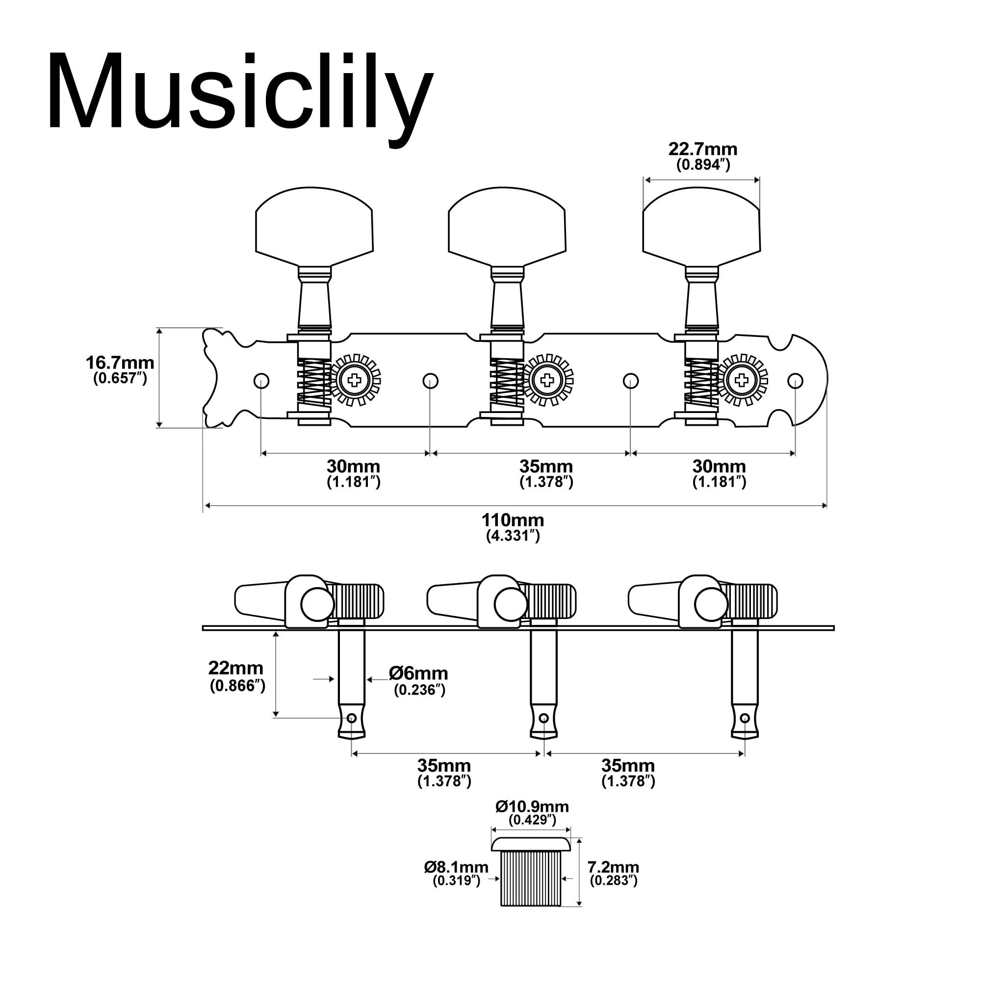 Musiclily Pro 3+3 Klucze Gitaryowe Tunery Kołki do Strojenia do Gitary Akustycznej, Nikiel Białe Główki