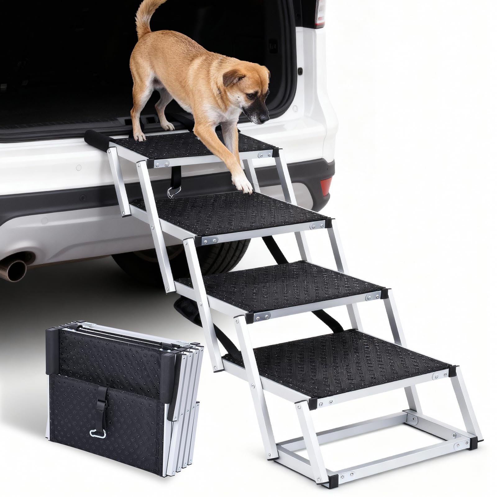 Rampa per cani a 5 stpes per auto: gradini extra larghi con tappeto antiscivolo, rampa pieghevole in alluminio portatile per animali domestici, per auto, SUV e camion, supporta fino a 70 kg