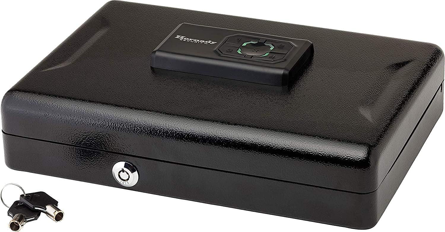 Hornady Handgun Vault Safe with Keypad Entry – Secure Your Firearms and Valuables – 4-6 Keypad Entry, Interior Light and Backup Keys – Black, 12 (H) x 8.3 (W) x 2.6 (D) Inches – Item 95432