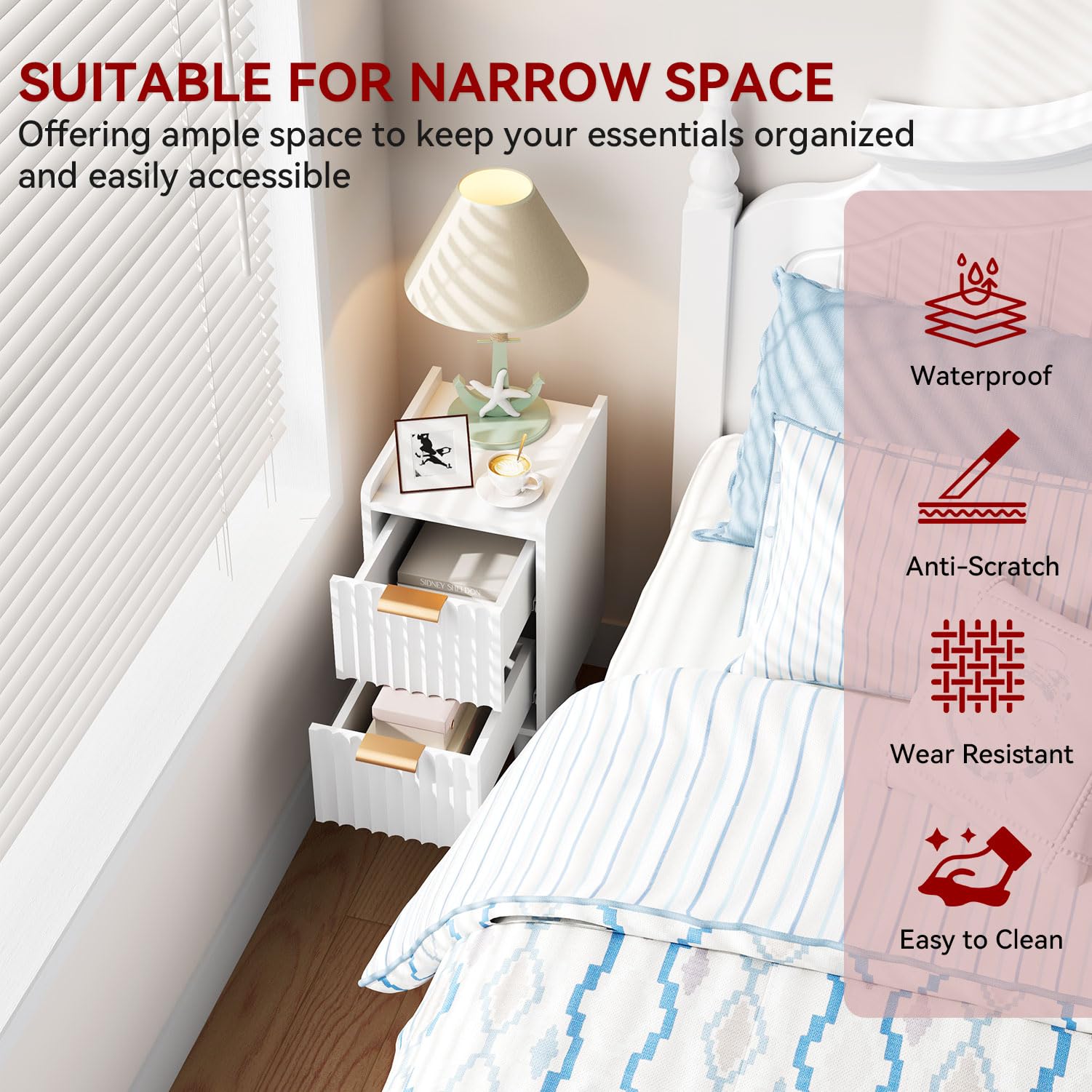 IBUYKE Mesita de Noche Estrecha, mesita pequeña con 2 cajones, Ahorra Espacio, mesitas de Madera para Dormitorio y Sala de Estar, Blanco WNS015W