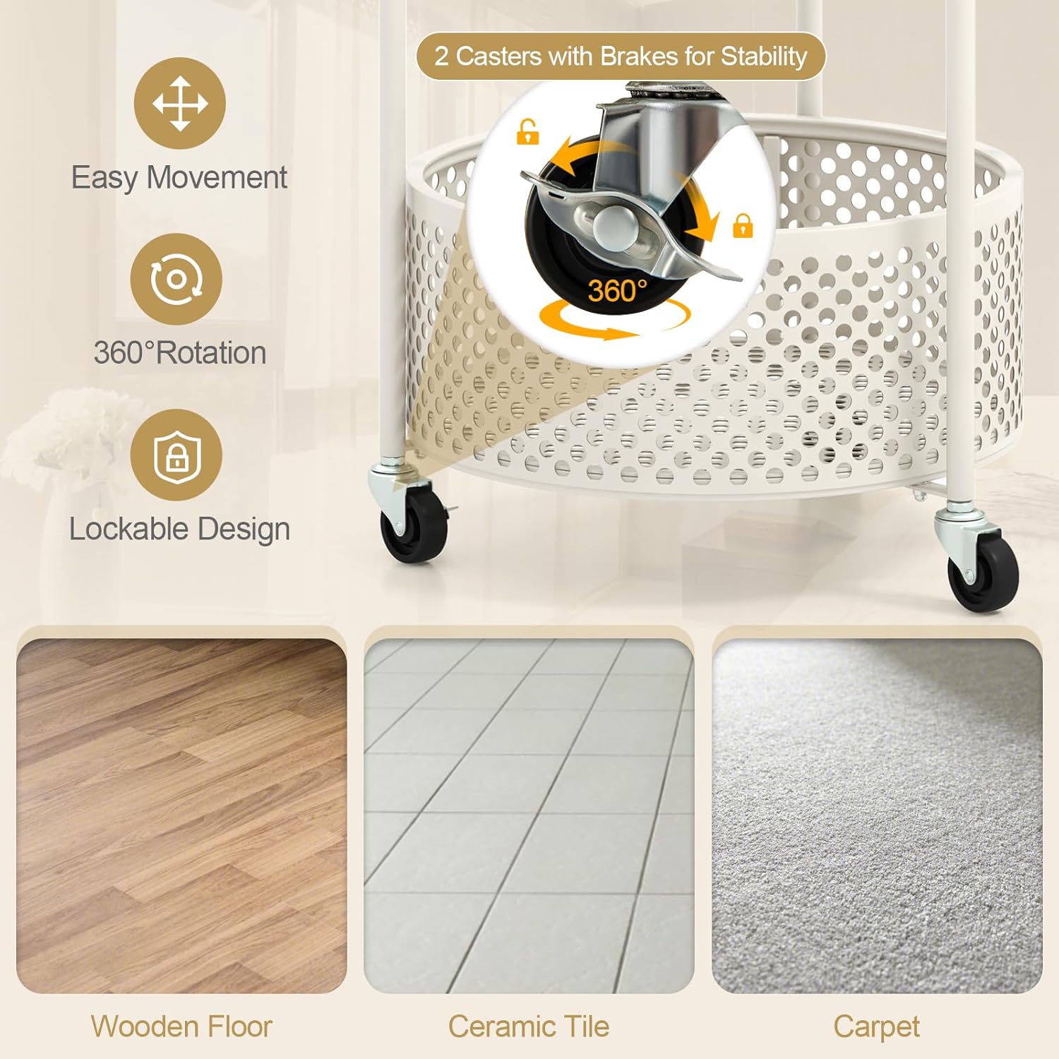 Giantex Mobile Glass Coffee Table, 2-Tier Round End Table with Bear Pattern, Storage Basket, Metal Frame, Modern Cocktail Table on Lockable Wheels, Sofa Side Tea Table for Living Room Bedroom (White)