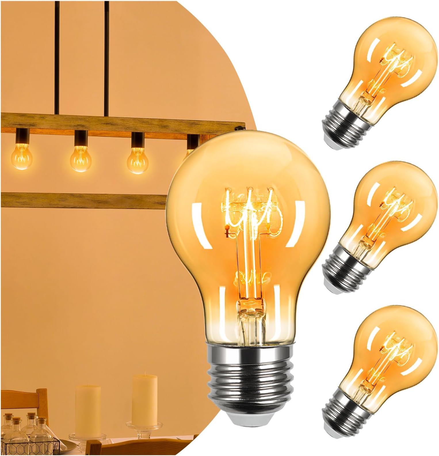 Vintage Warm Edison Light Bulbs Amber E26 Base LED 4W 150Lumen Dimmable 40watt Incandescent Light A19 2000k Soft Yellow Warm Glow Perfect for Rustic Decor and Antique Style Lighting 4 Pack