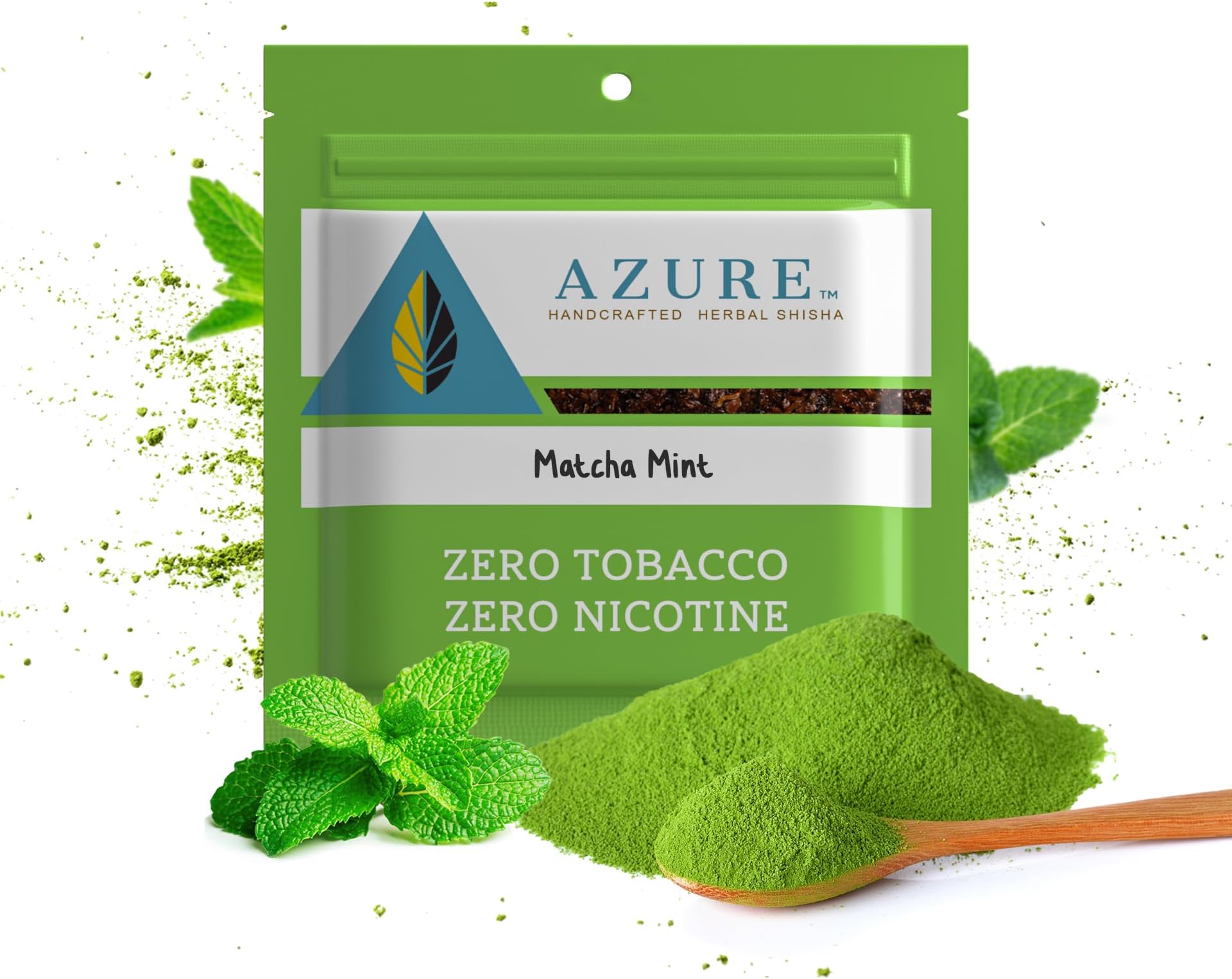 Azure® Premium Tea Leaf Mixed Herbal line Hookah Flavor | Hookah Tobacco and Nicotine Free |100G / Resealable Pouch Shisha Hookah Flavors (Matcha Mint)