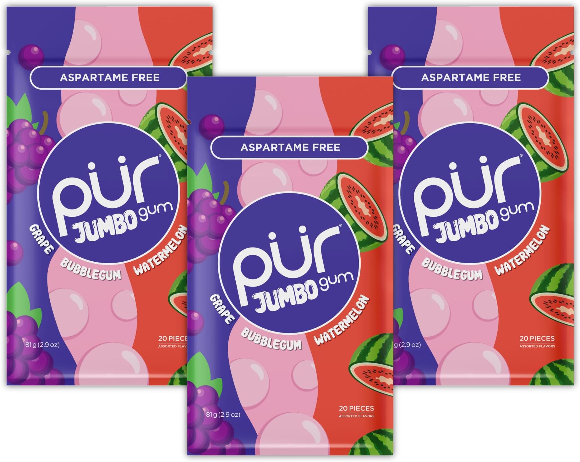 PUR Jumbo Gum | Aspartame Free Chewing Gum | 100% Xylitol | Natural Bubblegum, Grape, Watermelon Flavor, 20 Pieces (Pack of 3)