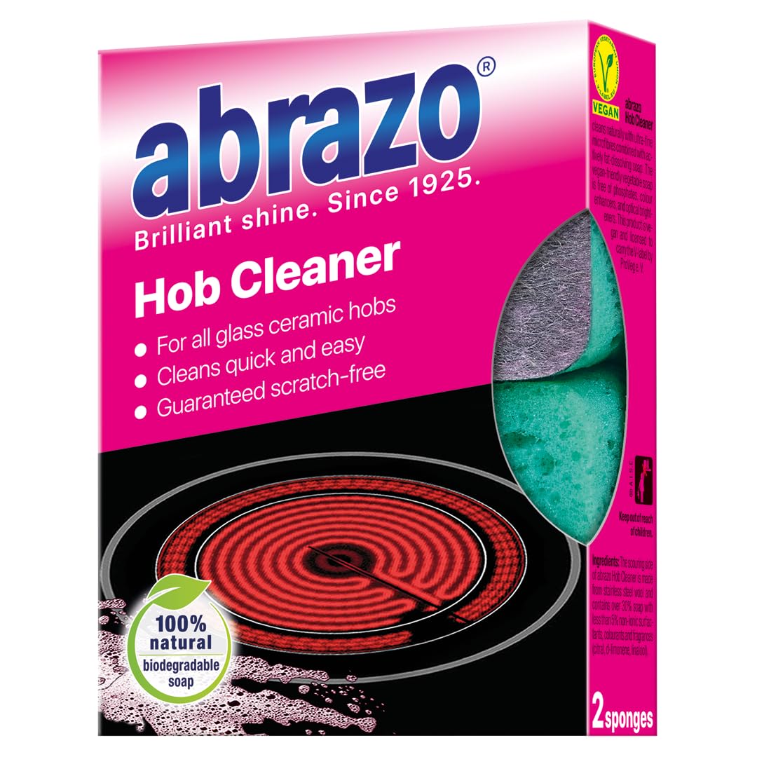 abrazo hob cleaner glass ceramic, induction hob cleaner, 2 sponges with natural soap clean your cooktop scratch-free, extra strong for everyday use