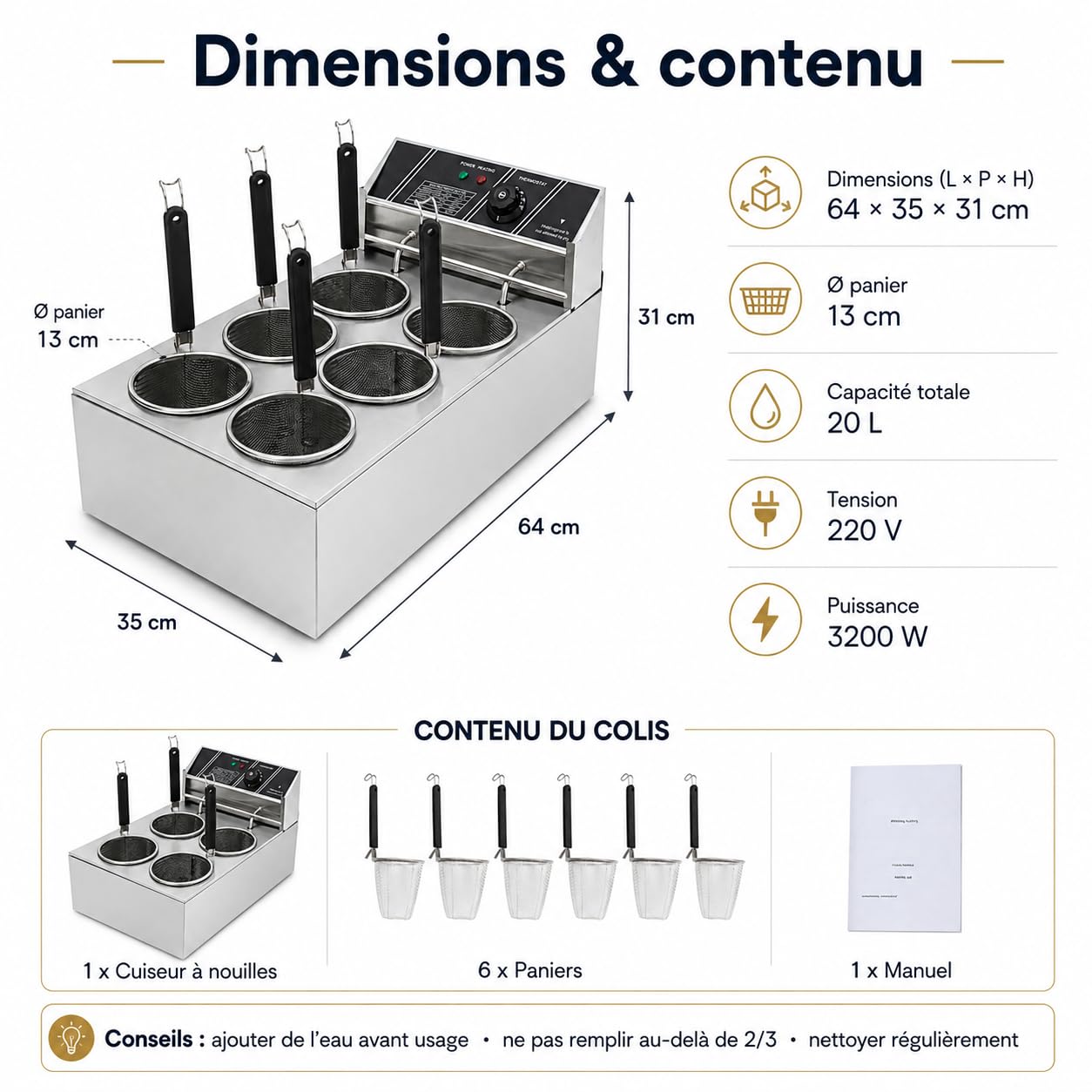 20L Commercial Cuiseur Pâtes Électrique 3200W Avec 6 Paniers,Température Réglable 140℉-392℉ Pour Cuire Nouilles,Saucisses, Boulettes Poisson, Radis, Tofu,Légumes, etc.